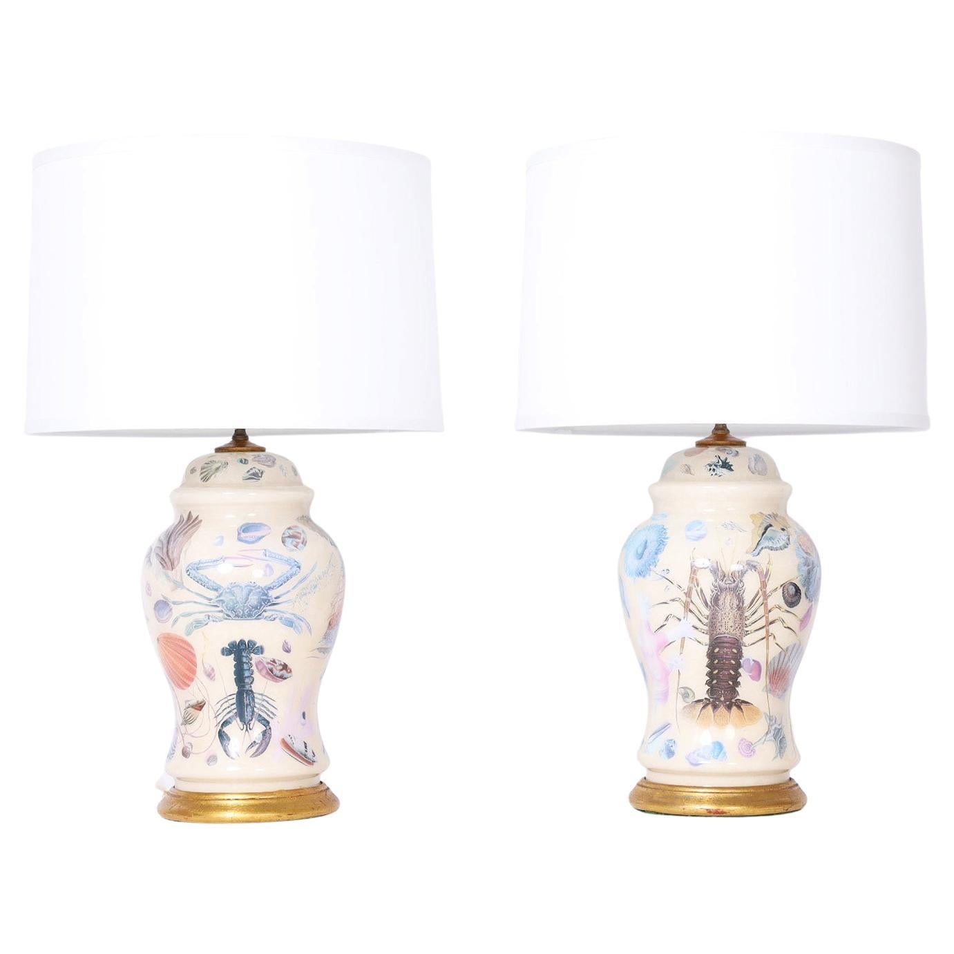 Pair of Reverse Decoupage Table Lamps with Sea Life