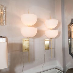 Pair of Reverse-Dome Trophy Sconces in Murano Milk Glass and Brass