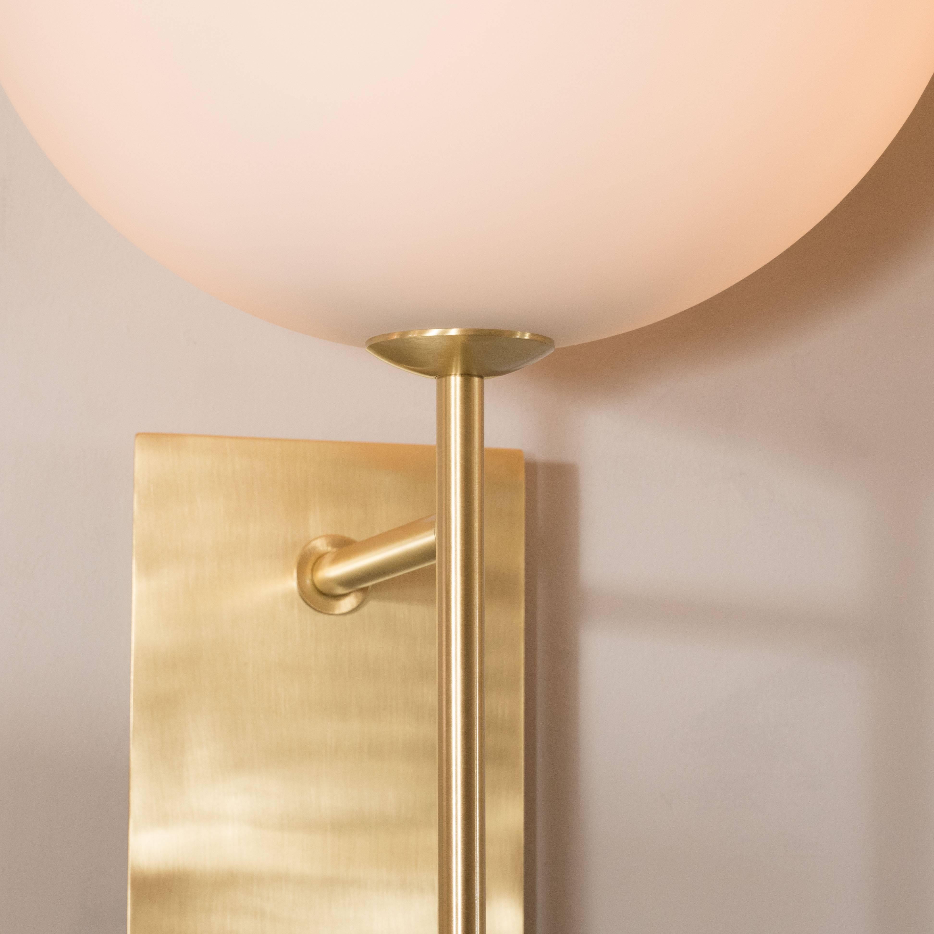 Contemporary Pair of Reverse-Dome Trophy Sconces in Murano Milk Glass and Brass For Sale