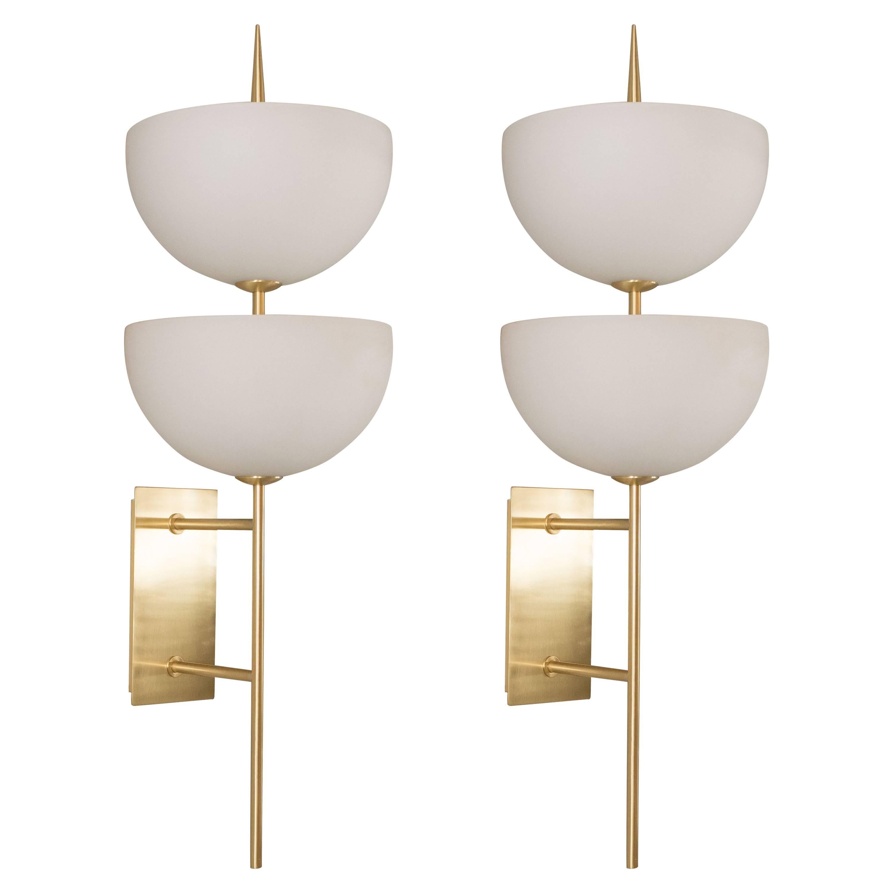 Pair of Reverse-Dome Trophy Sconces in Murano Milk Glass and Brass For Sale