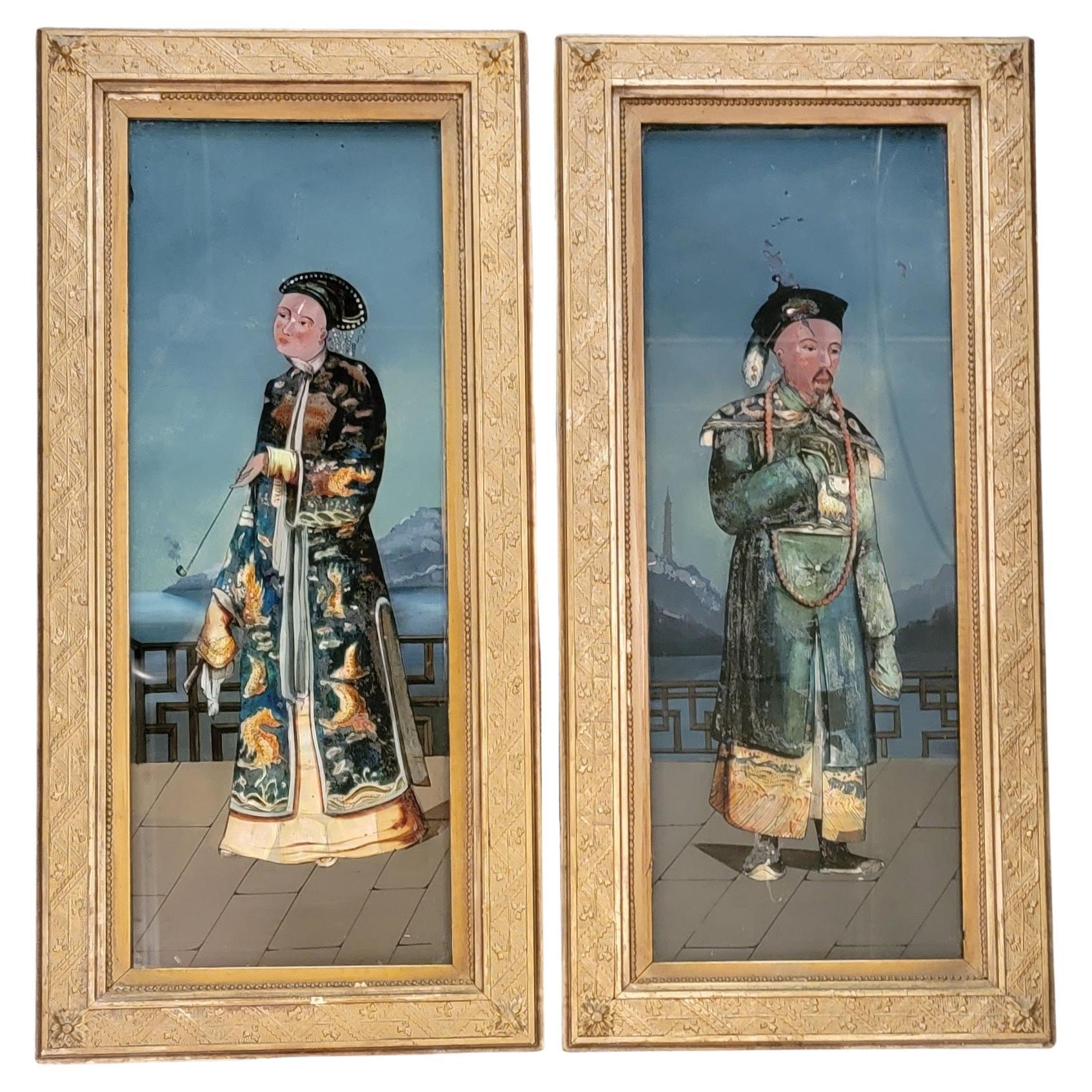 Pair of reverse painted asian Drawings For Sale