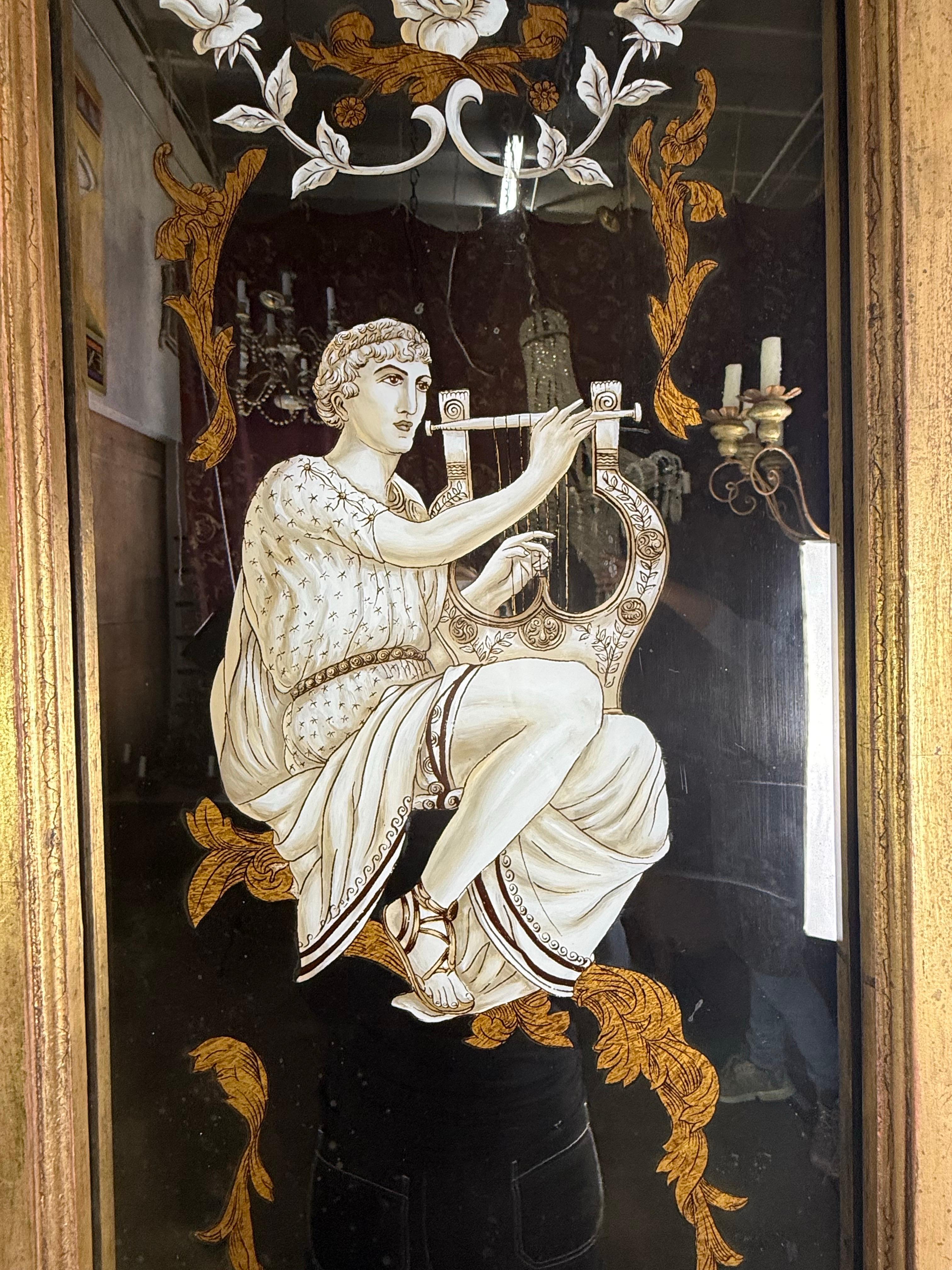 Neoclassical Pair of Reverse Painted Framed Mirror Panels For Sale
