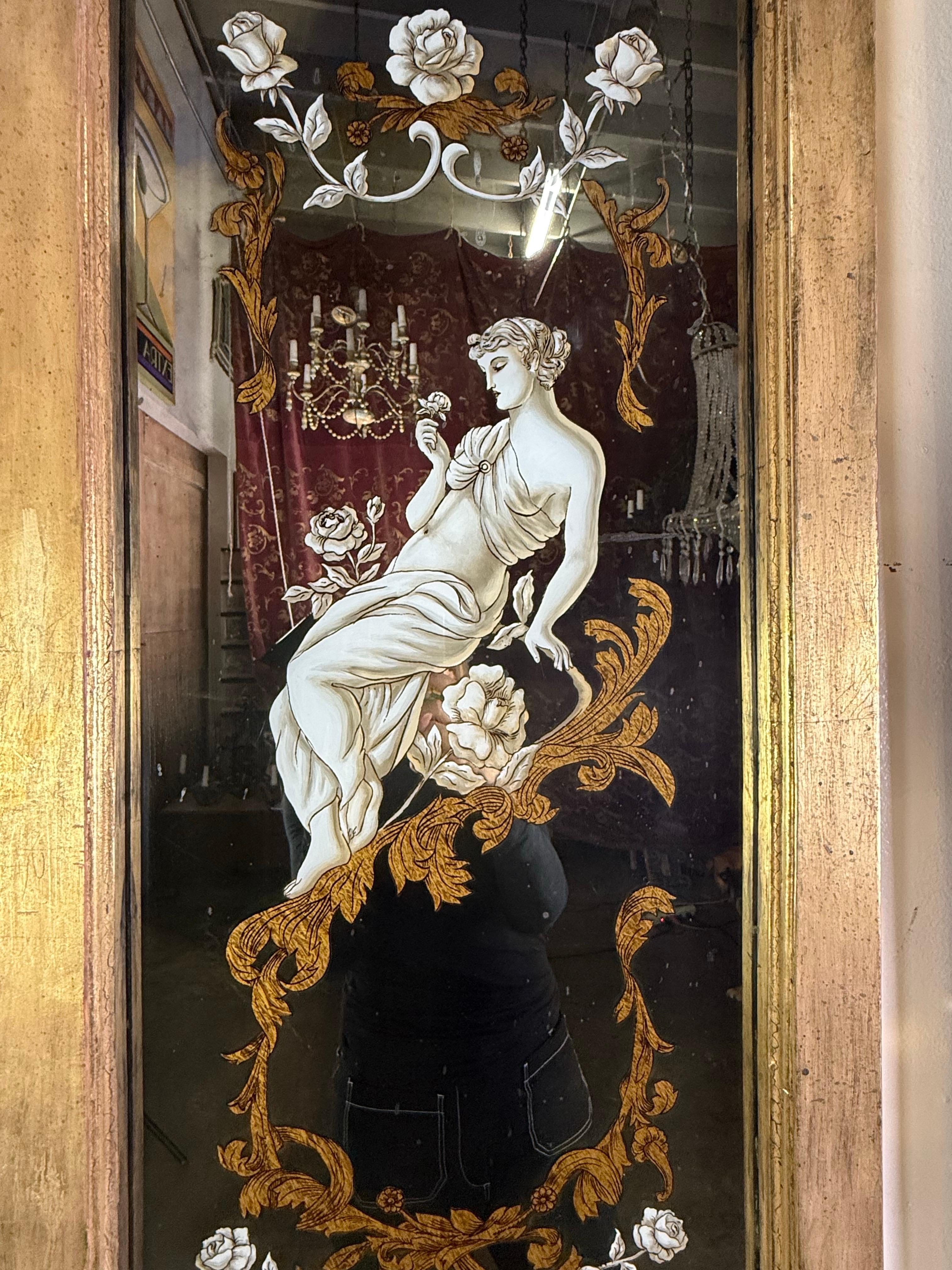 Pair of Reverse Painted Framed Mirror Panels For Sale 1