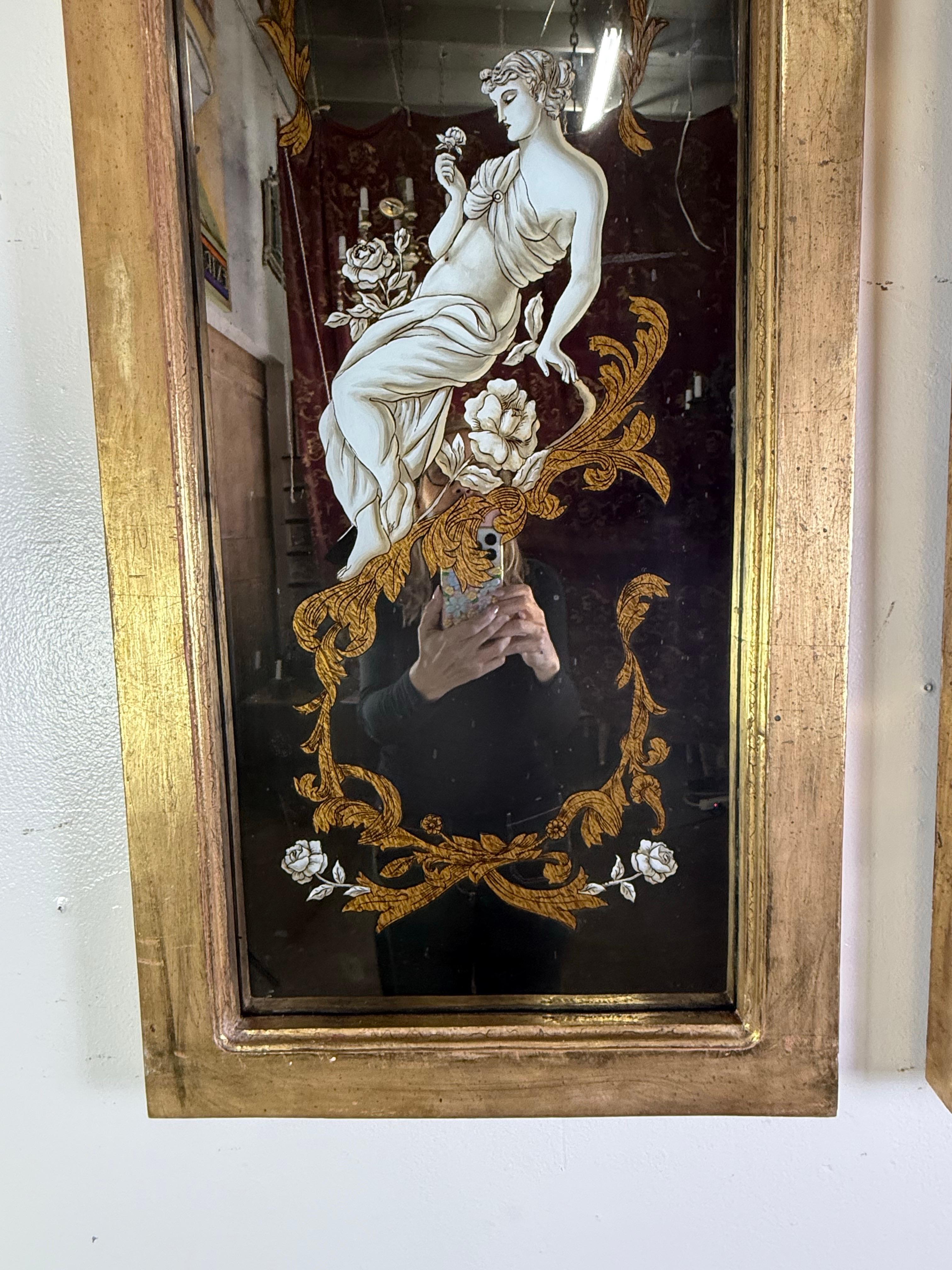 Pair of Reverse Painted Framed Mirror Panels For Sale 3
