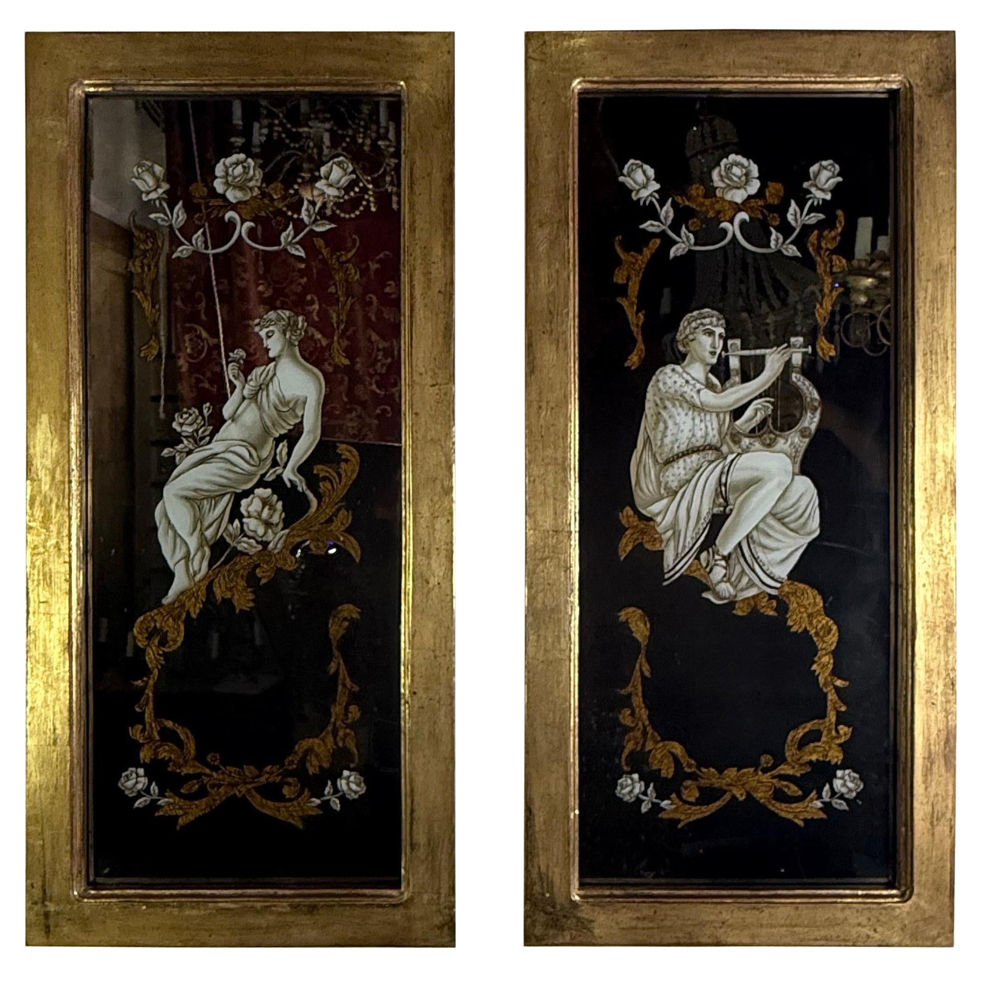 Pair of Reverse Painted Framed Mirror Panels For Sale