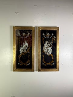 Pair of Reverse Painted Framed Mirror Panels