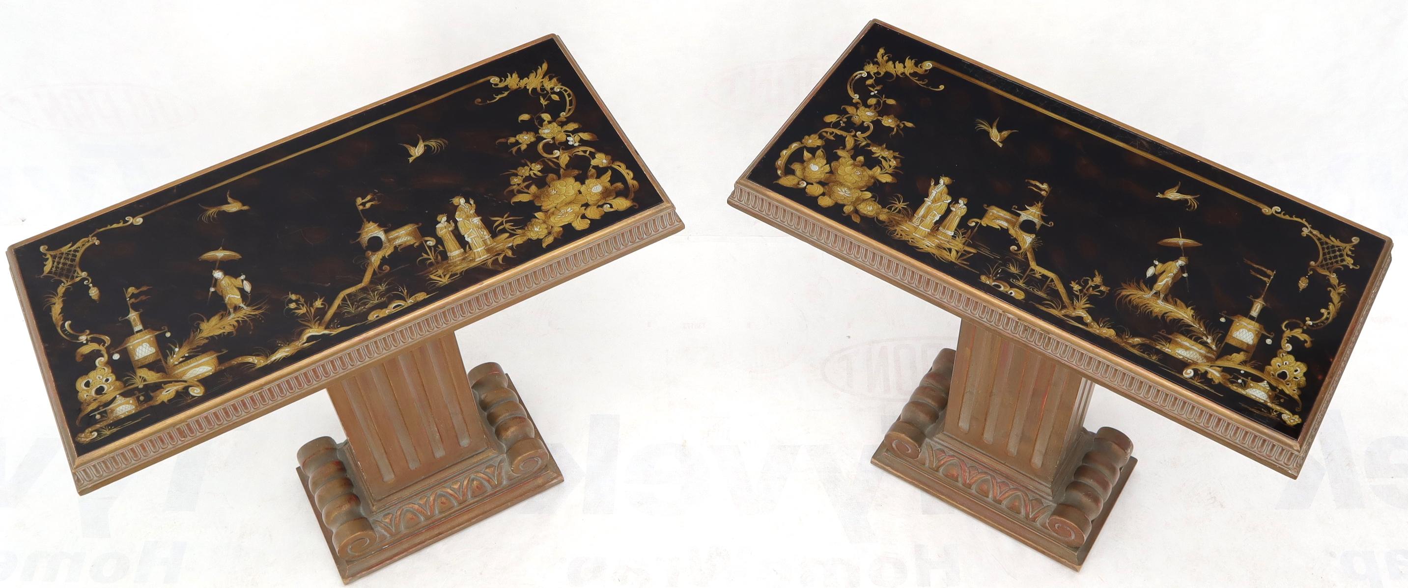 American Pair of Reverse Painted Glass Tops Single Pedestal Side Occasional Tables For Sale