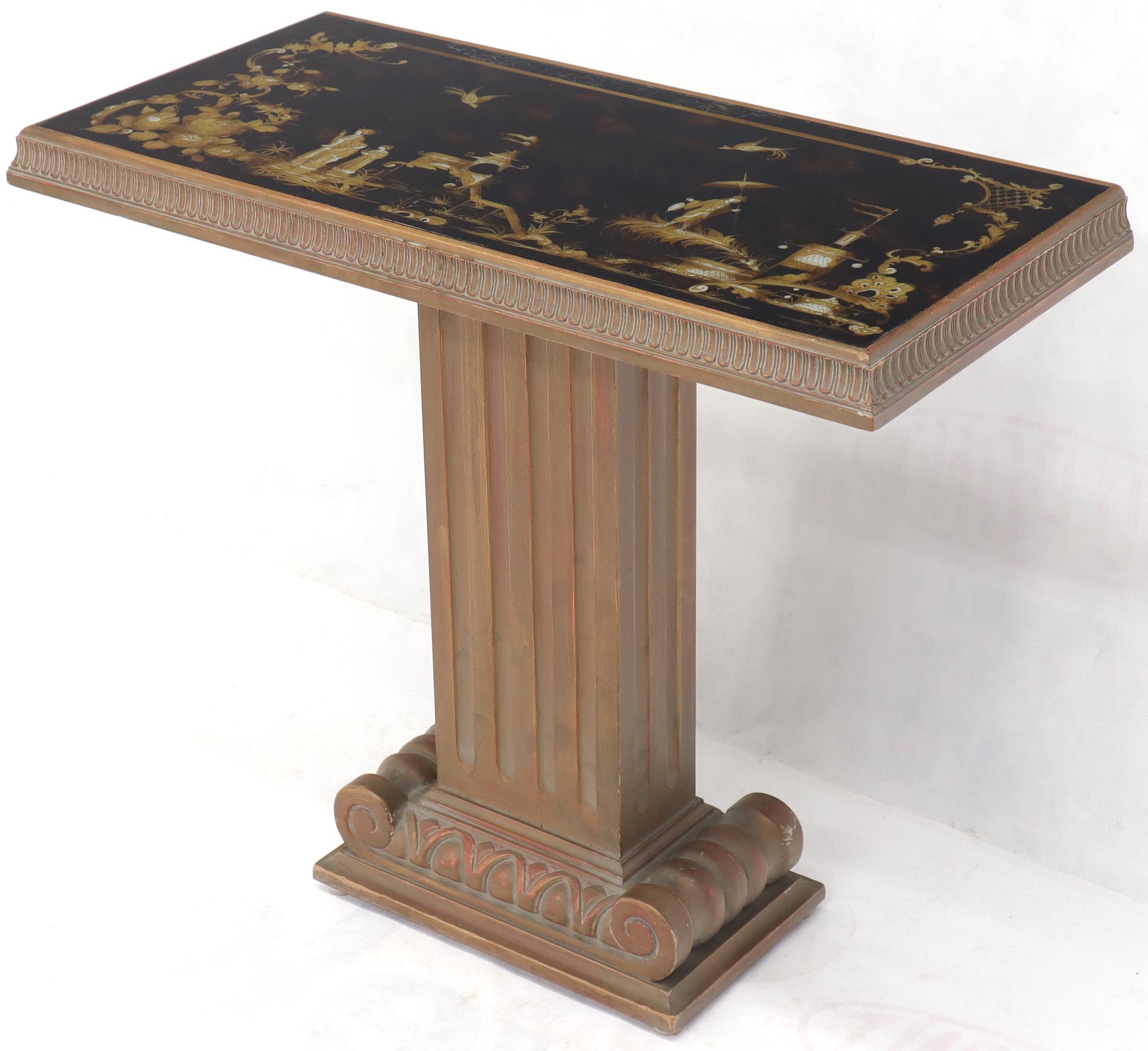 20th Century Pair of Reverse Painted Glass Tops Single Pedestal Side Occasional Tables For Sale