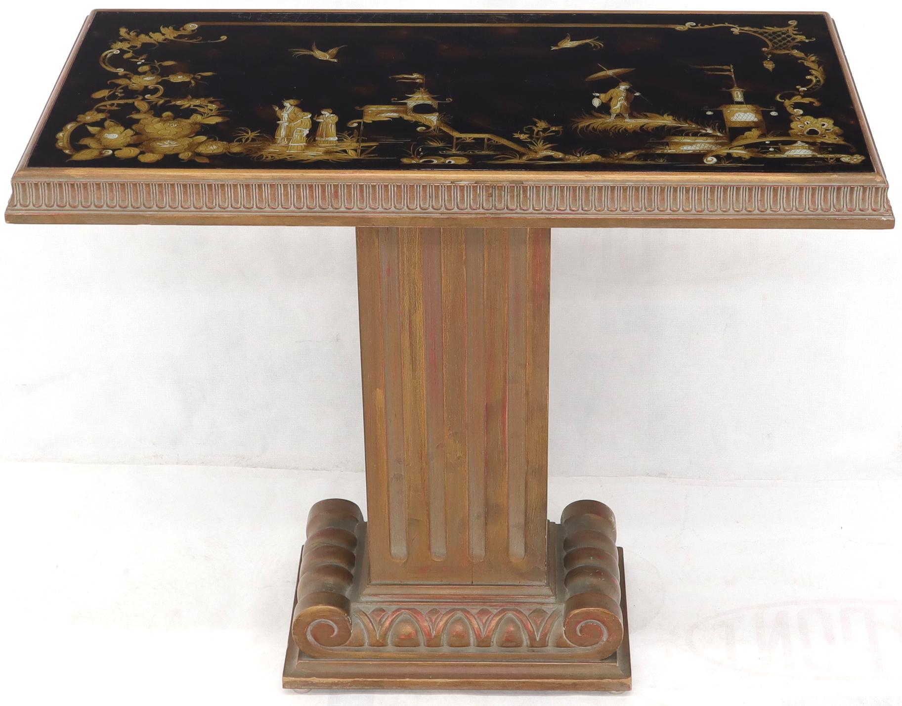 Art Glass Pair of Reverse Painted Glass Tops Single Pedestal Side Occasional Tables For Sale