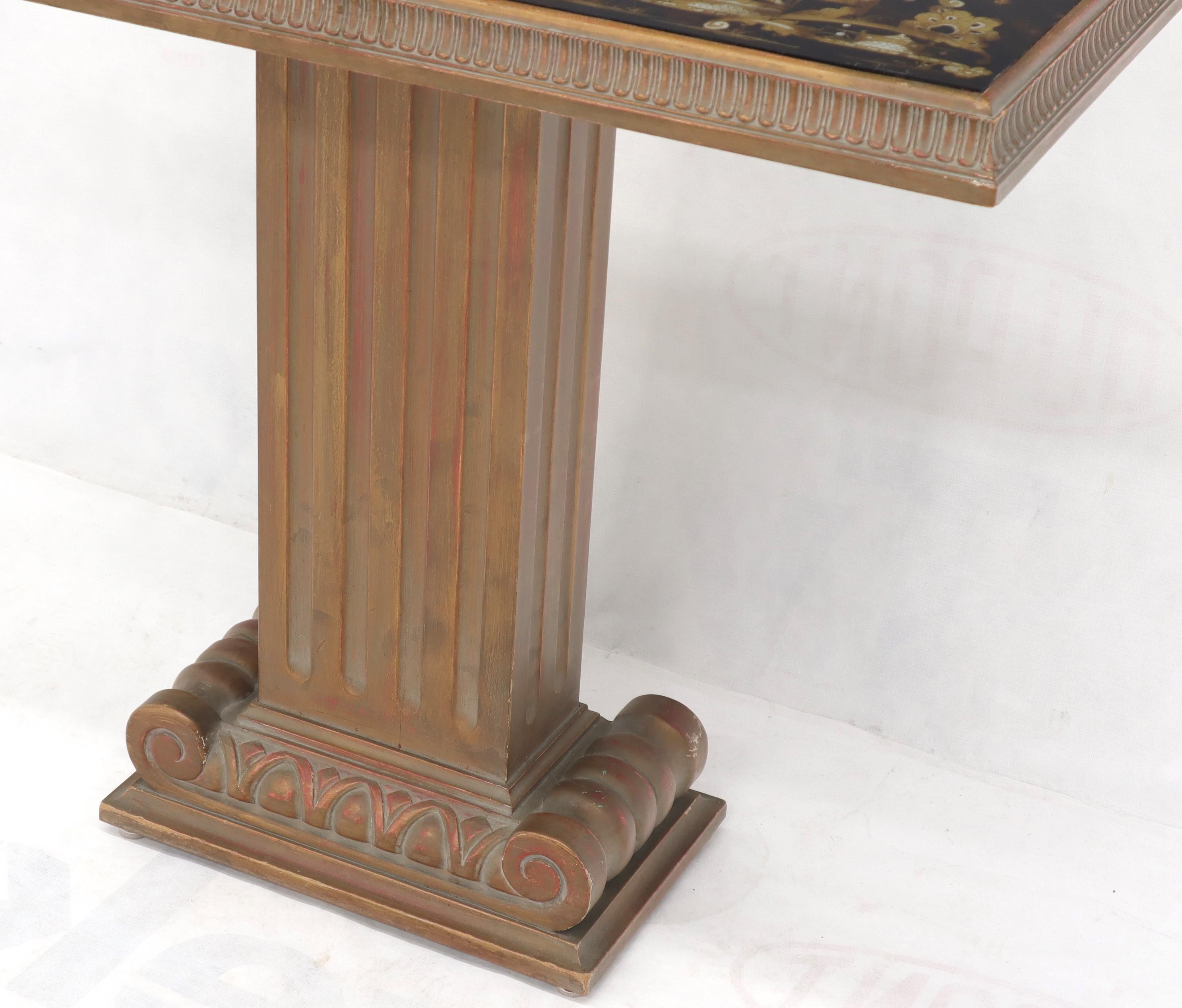 Pair of Reverse Painted Glass Tops Single Pedestal Side Occasional Tables For Sale 1