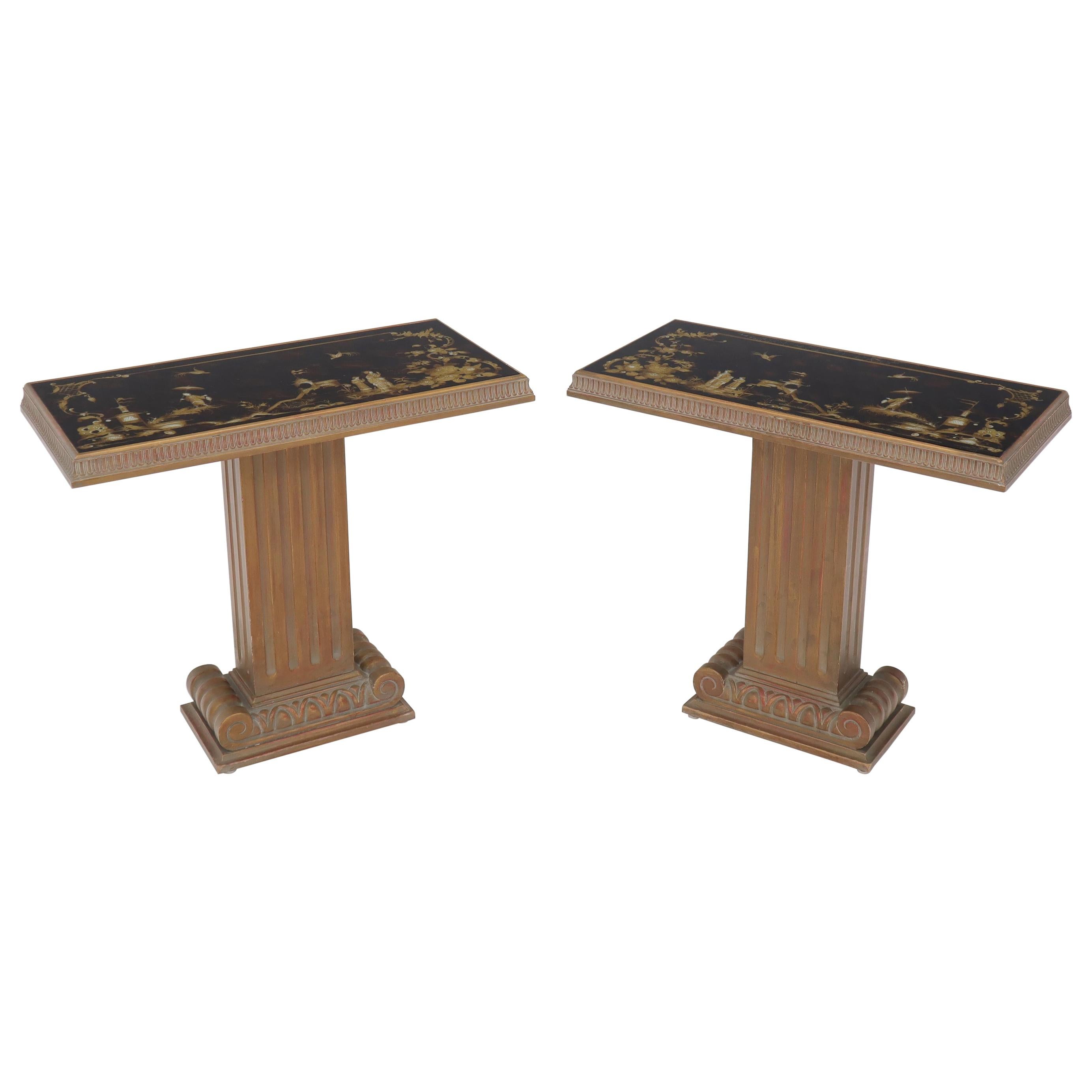 Pair of Reverse Painted Glass Tops Single Pedestal Side Occasional Tables For Sale