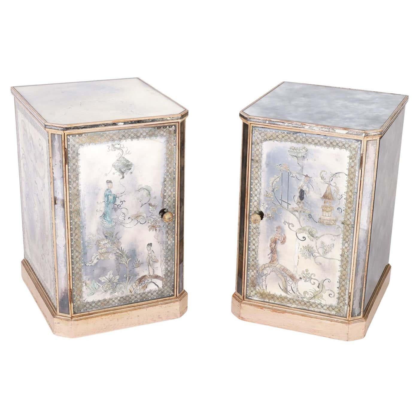 Pair of Reverse Painted or Églomisé Chinoiserie Venetian Nightstands