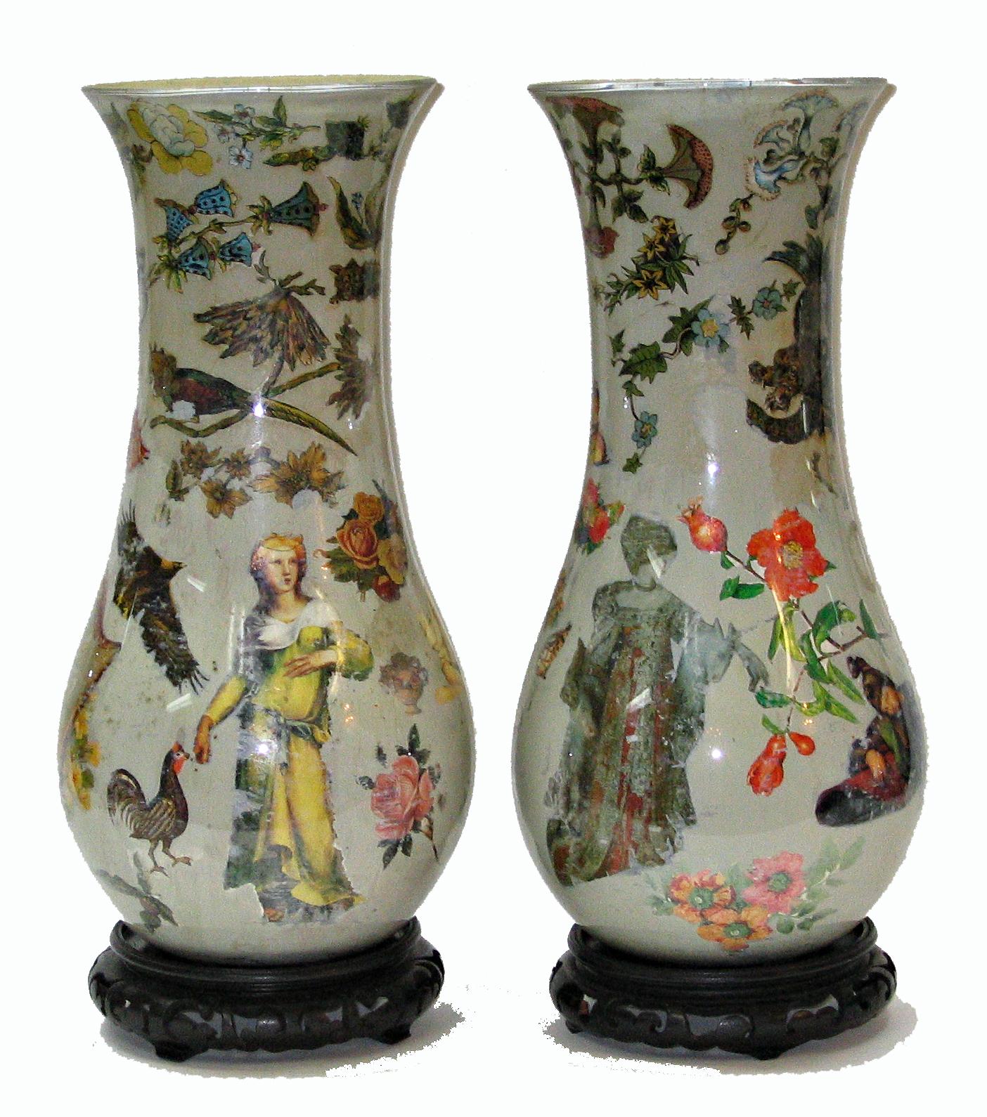 19th Century Pair of Reverse Polychrome Decorated Decalcomania Vases, Italian, circa 1860