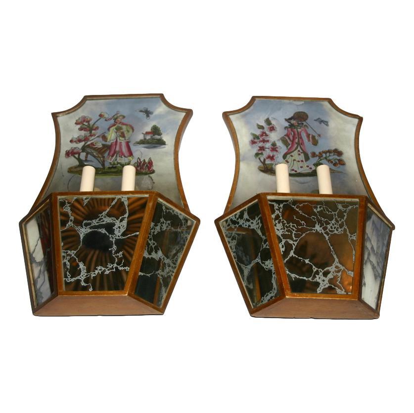 Hand-Painted Large Chinoiserie Mirror Sconces