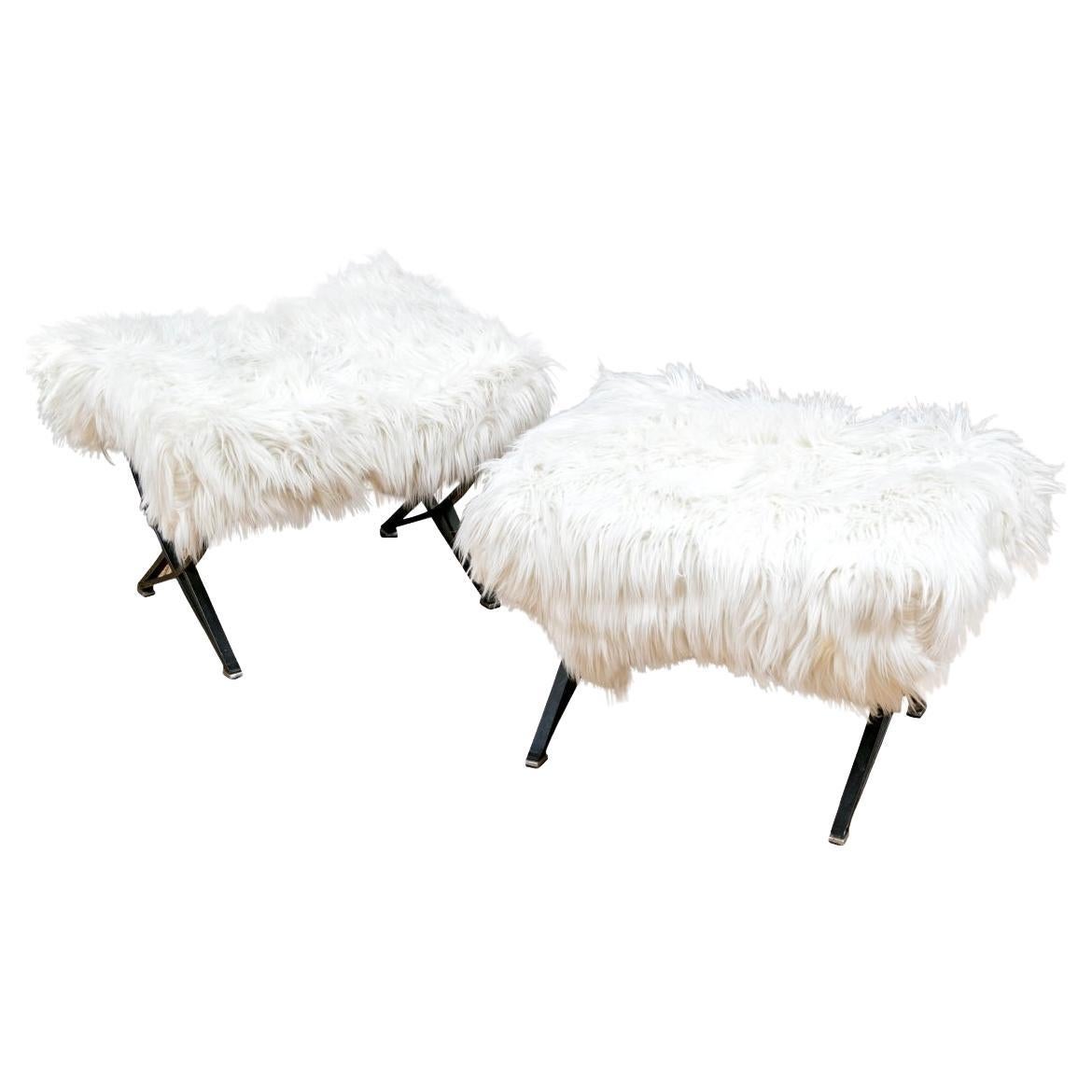 Pair Of Revetatto Benches With White Flokati Seats
