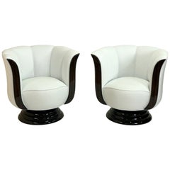 Pair of Revolving White and Macassar Art Deco Style Tulip Shaped Club Chairs