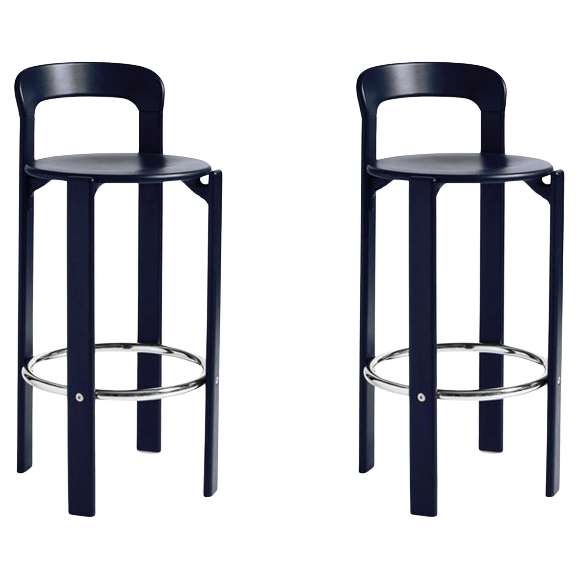Pair of Rey Bar Stools High in Deep Blue Design by Bruno Rey for Dietiker - Hay