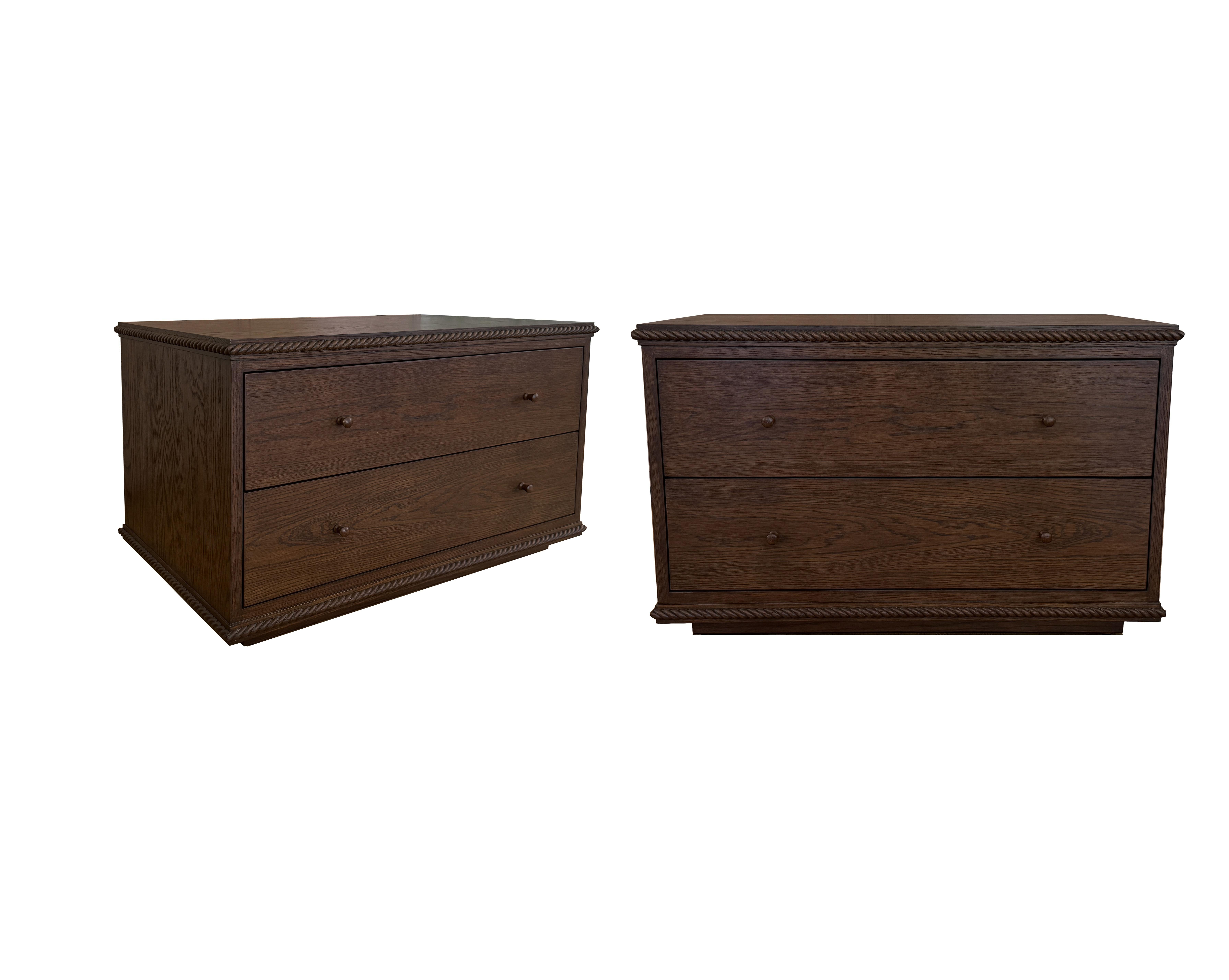 A low-profile nightstand or side table combining a classical twisted rope detail with clean-lined simplicity, featuring two drawers with dovetail joinery and soft-close glides. Inquire for customizations. 

Our Rey Collection conjures memories of a