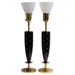 Pair Rhinestone Studded Black Lacquered Wood Table Lamps Rembrandt Parzinger 