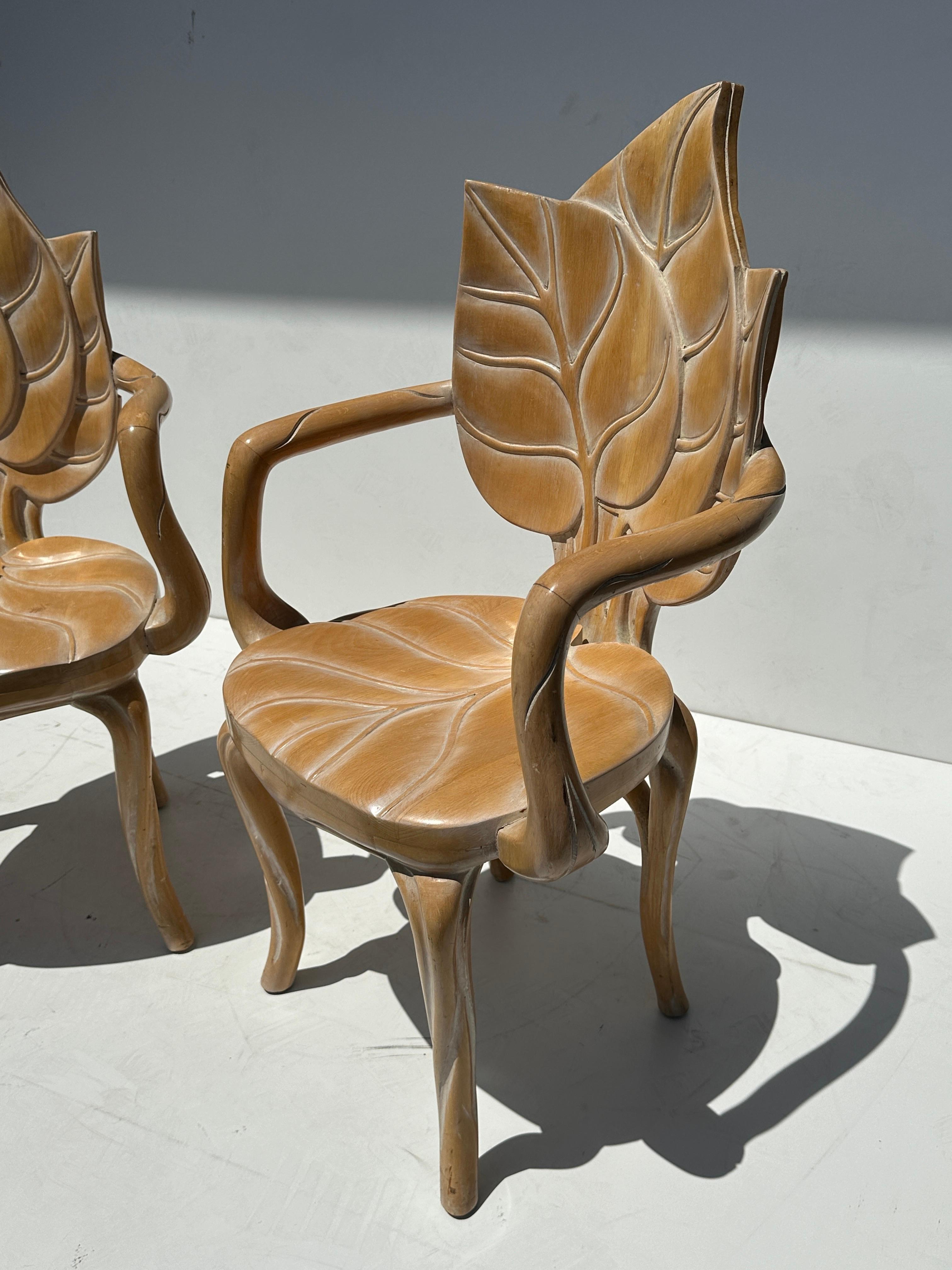 Pair of Italian hand carved rhubarb Grotto style leaf armchairs by Bartolozzi and Maioli
Chairs are made of durable solid European beechwood and finished in light brown stain in whitewashed technique. 