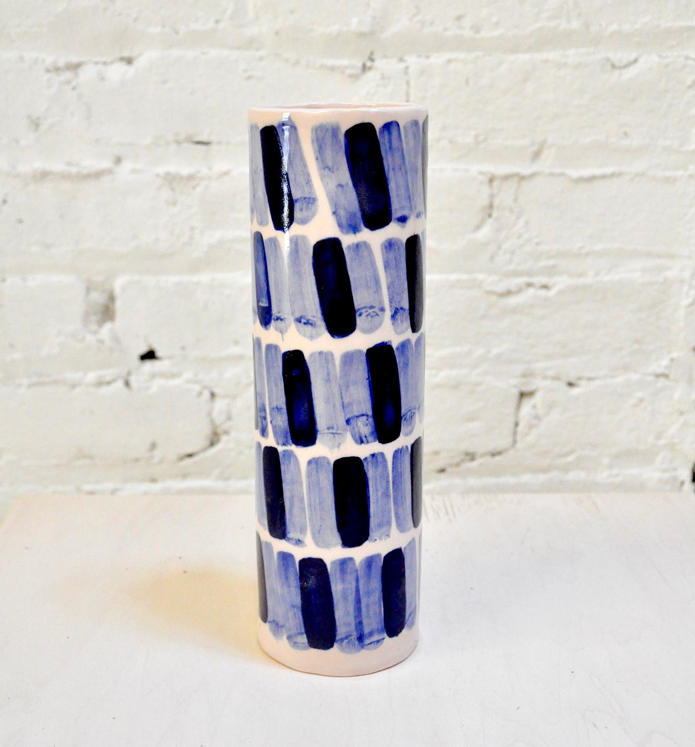 Modern Pair of Rhythm Vases by Isabel Halley, in Dyed Pink Porcelain with Cobalt Glaze For Sale