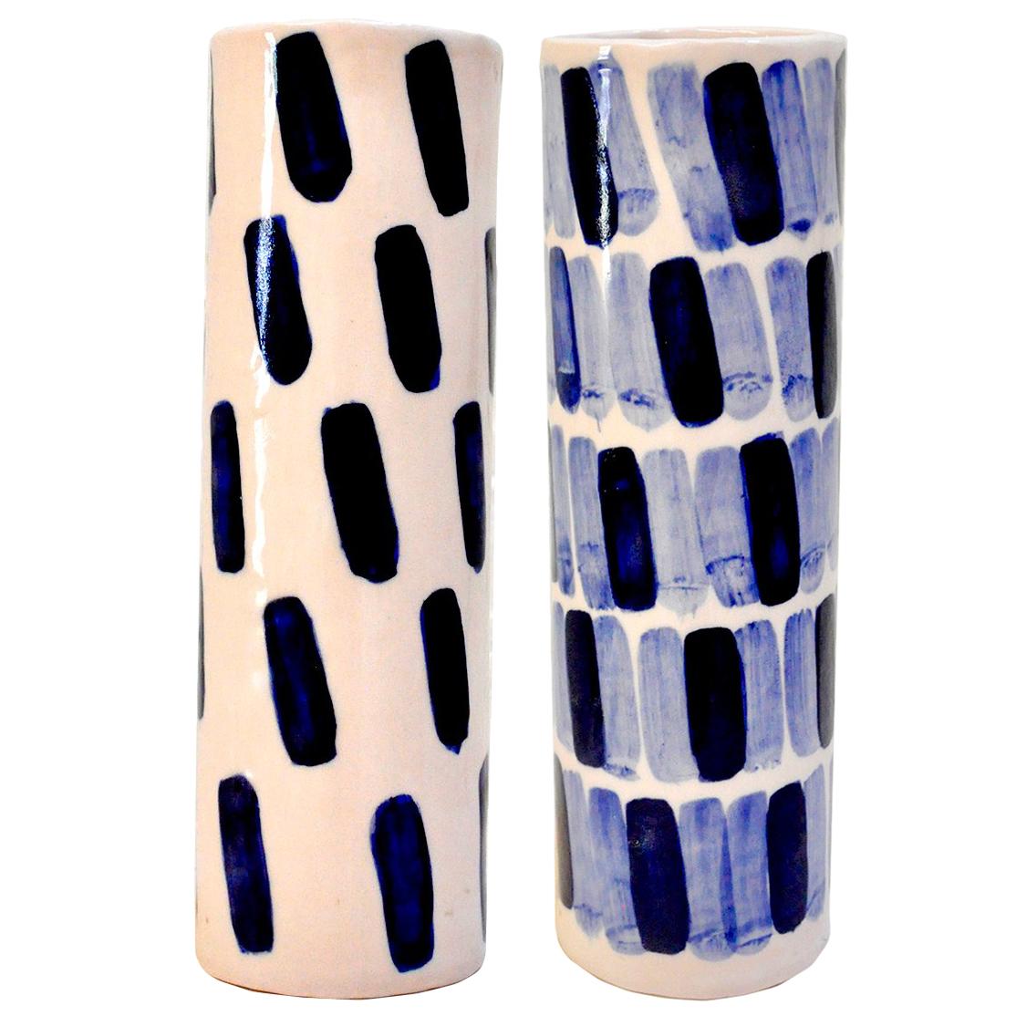 Pair of Rhythm Vases by Isabel Halley, in Dyed Pink Porcelain with Cobalt Glaze For Sale