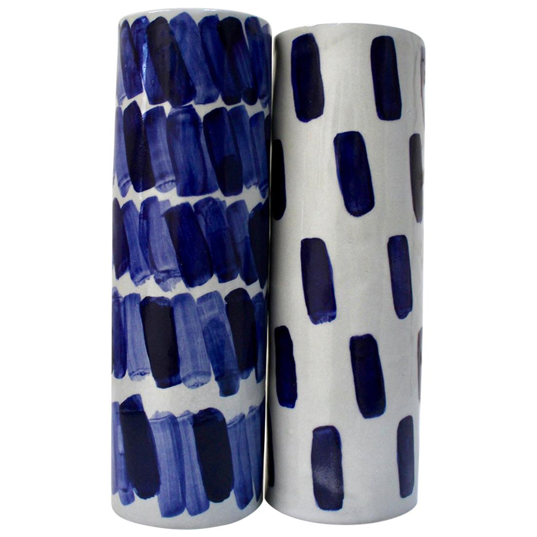 Pair of Rhythm Vases by Isabel Halley, in Pale Grey Porcelain with Cobalt Glaze For Sale