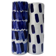 Pair of Rhythm Vases by Isabel Halley, in Pale Grey Porcelain with Cobalt Glaze