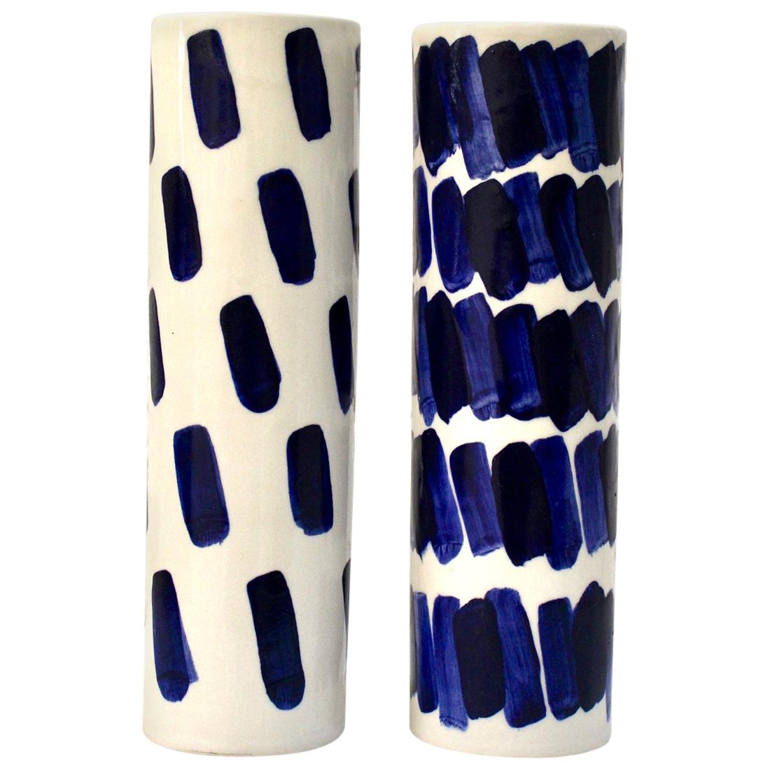 Pair of Rhythm Vases by Isabel Halley, in White Porcelain with Cobalt Glaze