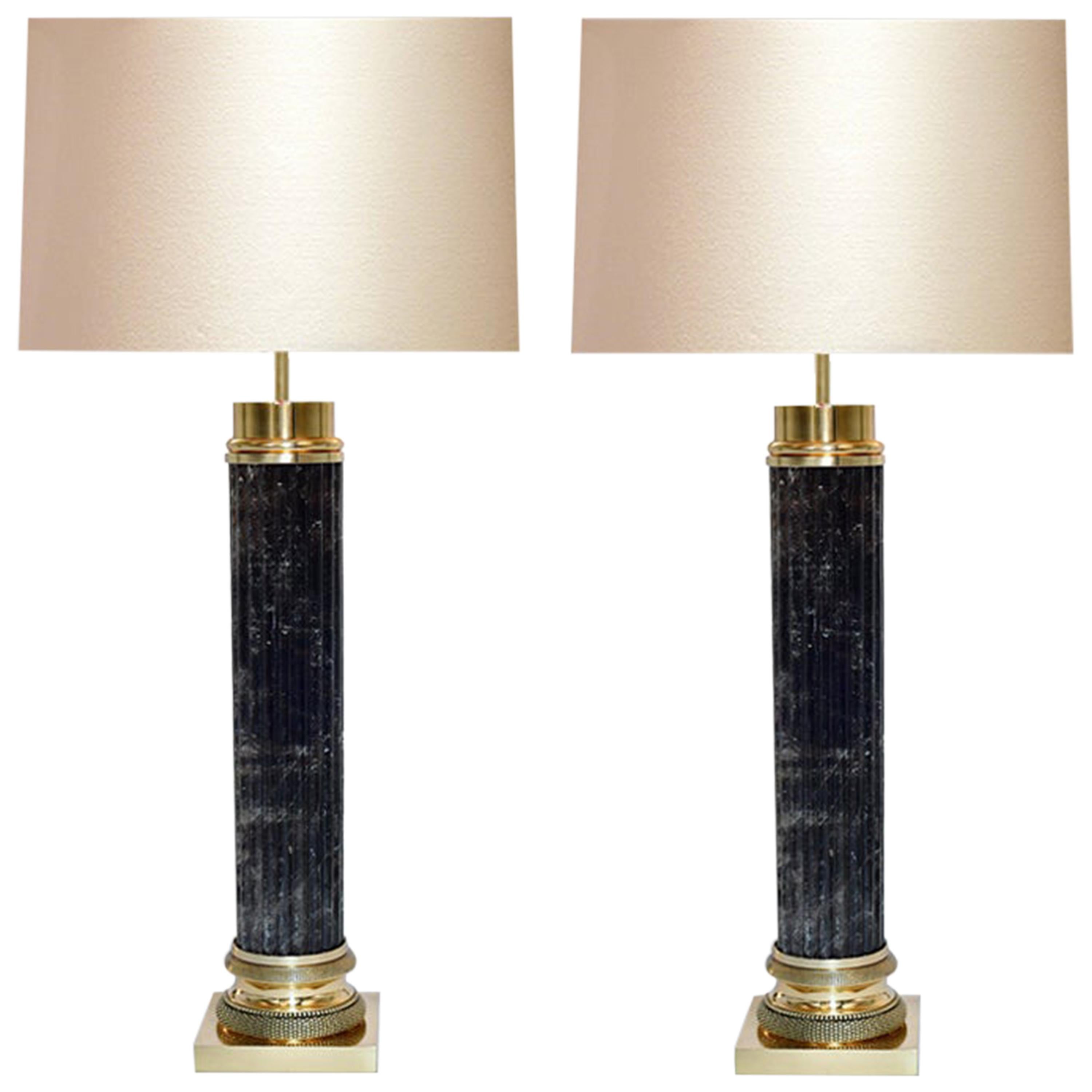 Pair of Ribbed Column Form Smoky Rock Crystal Lamps by Phoenix  For Sale