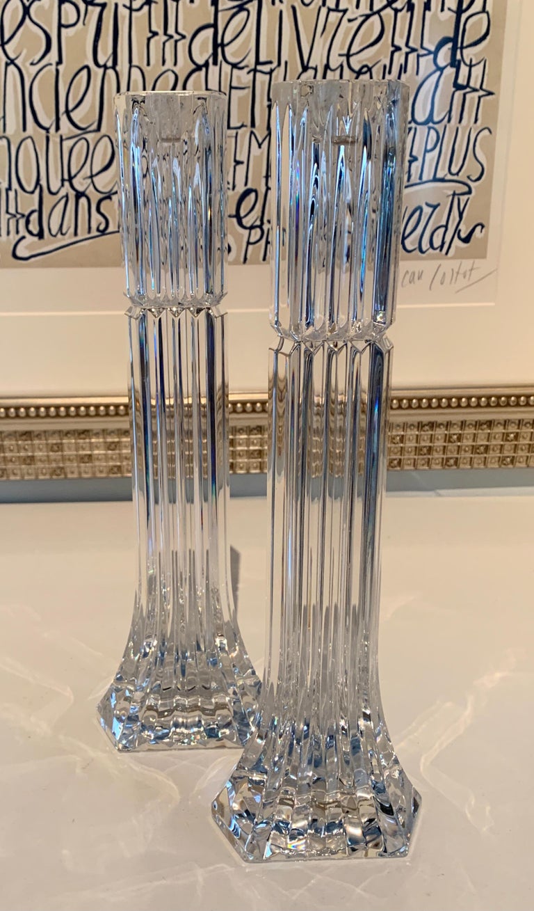 Pair of Ribbed Crystal Candle Holders For Sale at 1stDibs