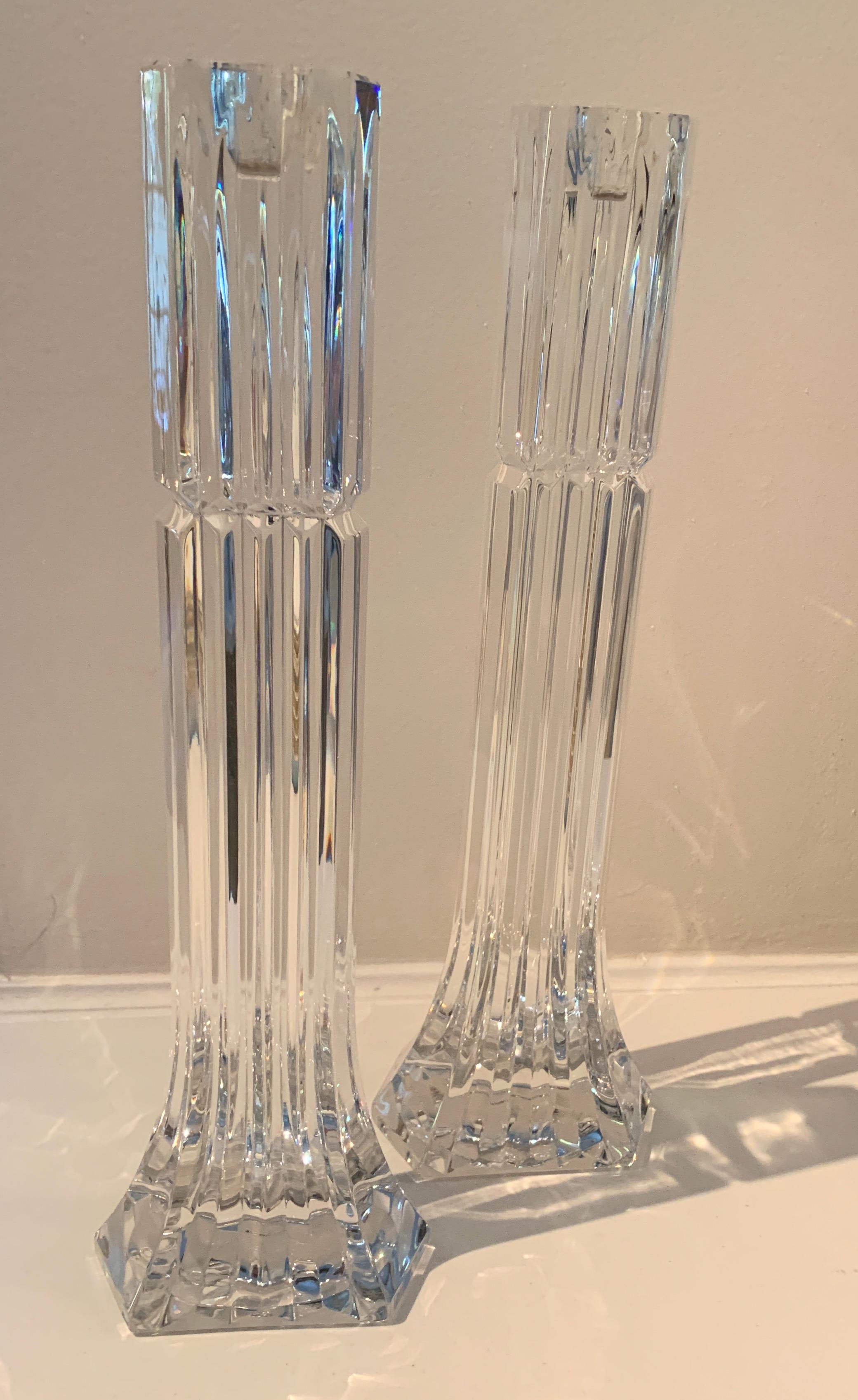 Art Deco Pair of Ribbed Crystal Candle Holders For Sale