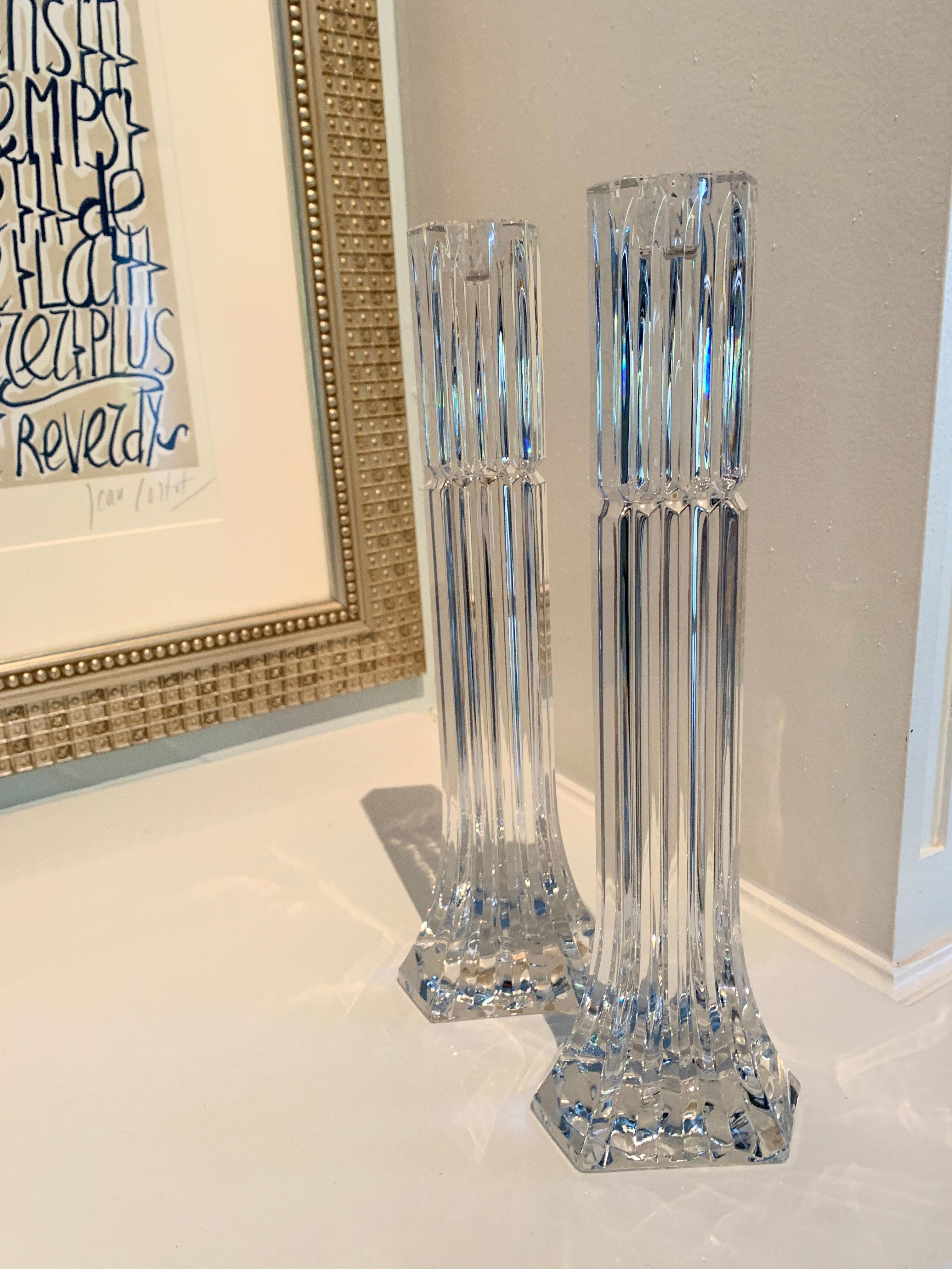Pair of Ribbed Crystal Candle Holders In Good Condition For Sale In Los Angeles, CA