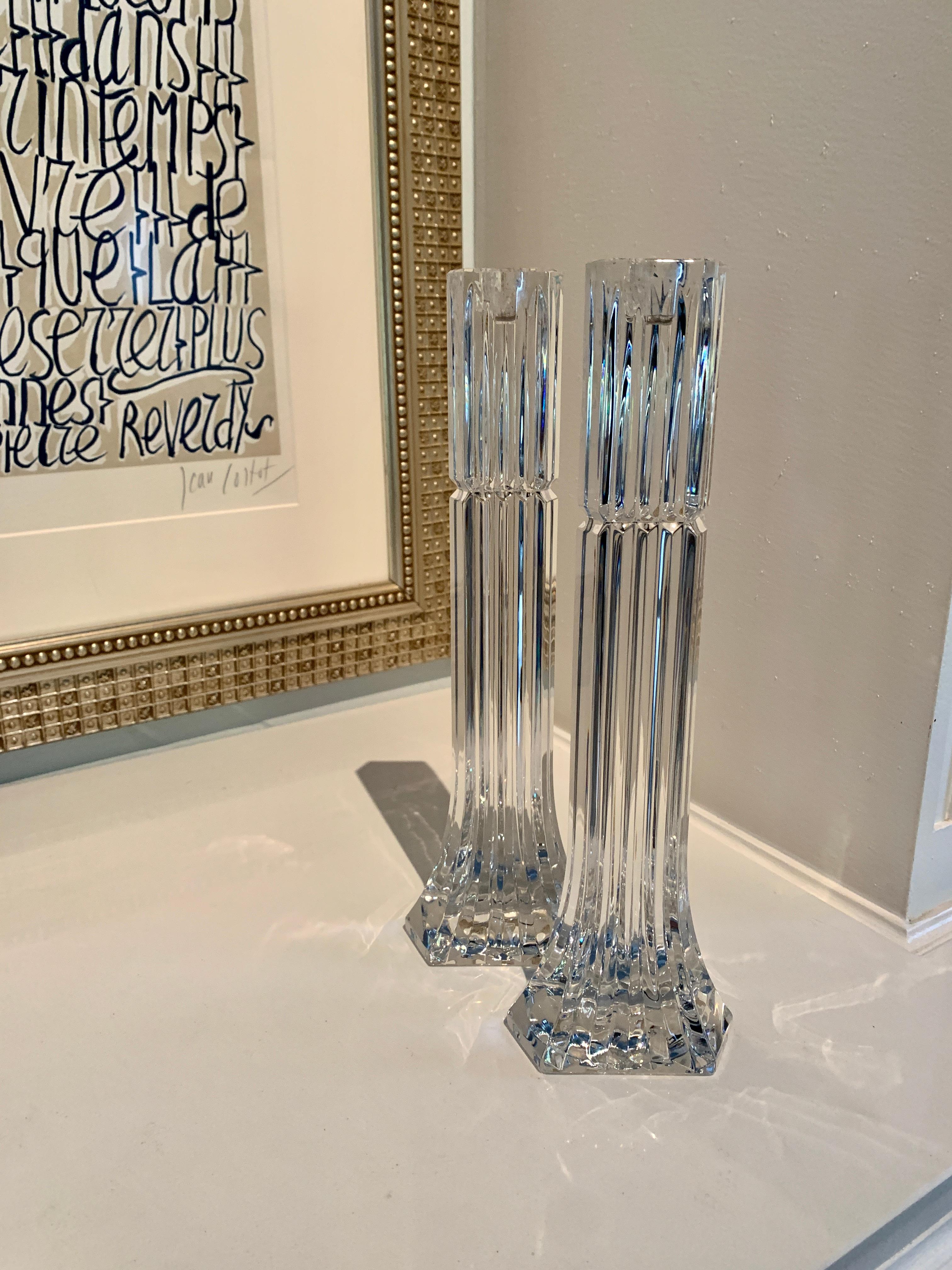 20th Century Pair of Ribbed Crystal Candle Holders For Sale