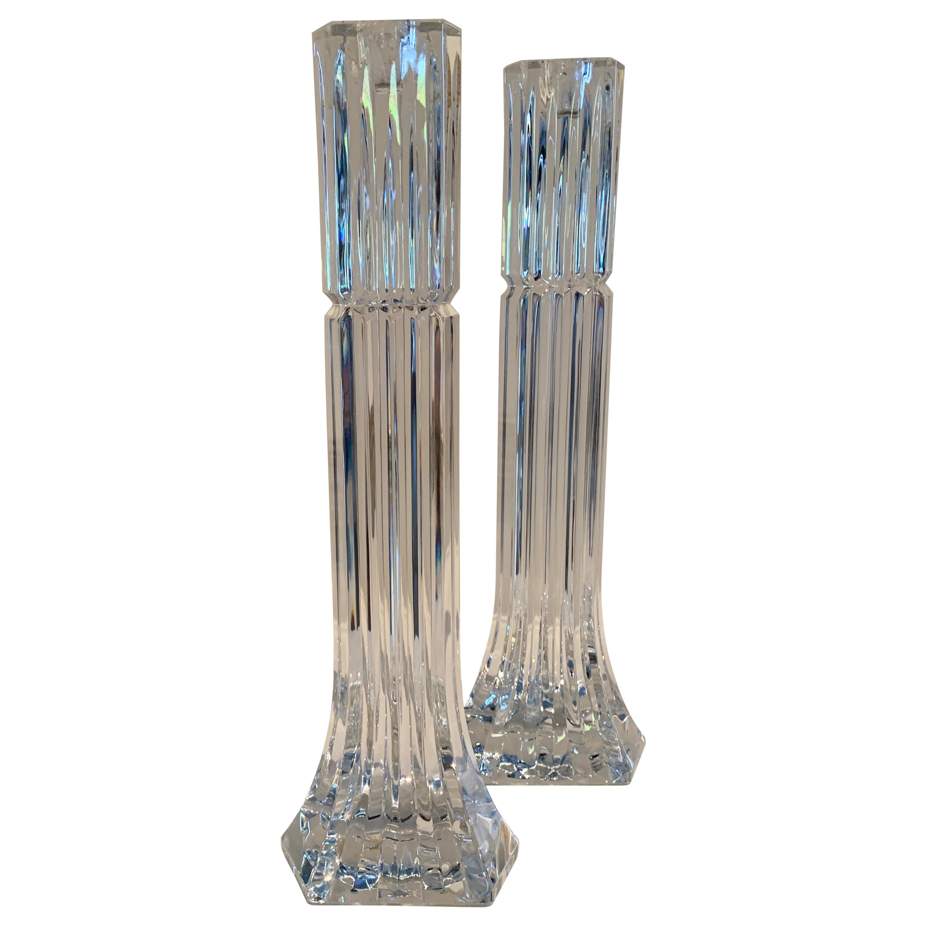 Pair of Ribbed Crystal Candle Holders For Sale