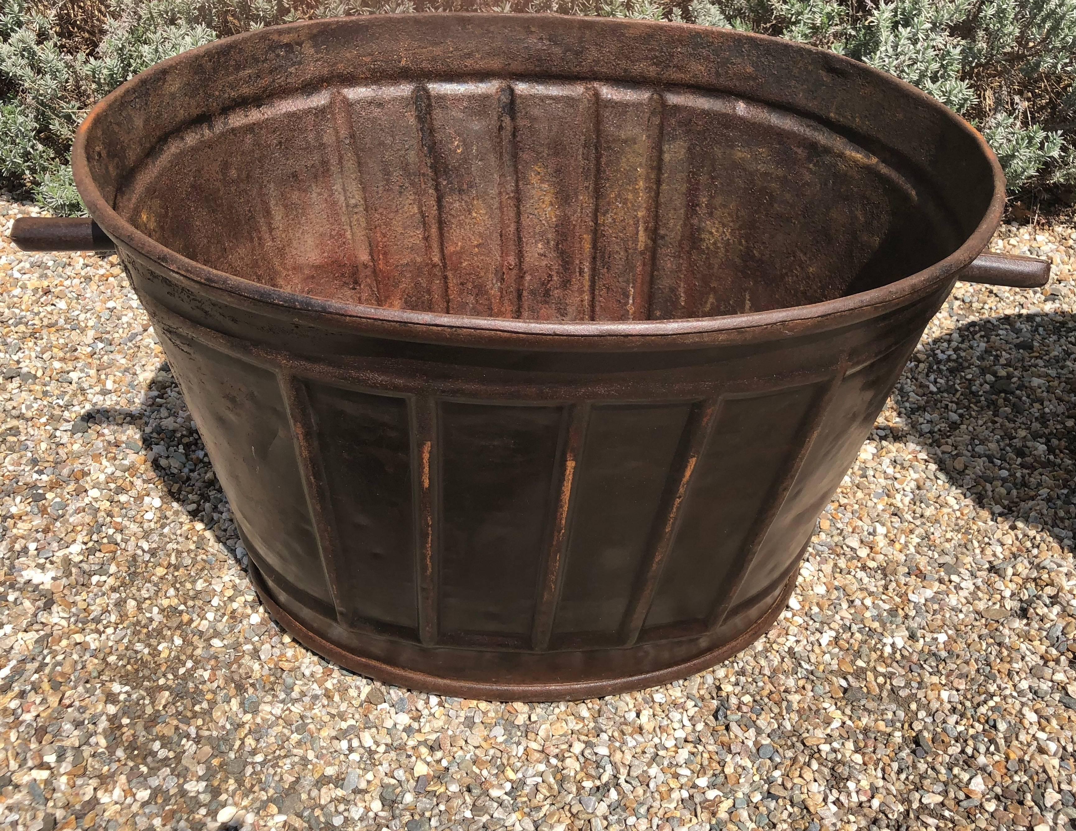 Pair of Ribbed French Steel Grape Bucket Planters For Sale 1