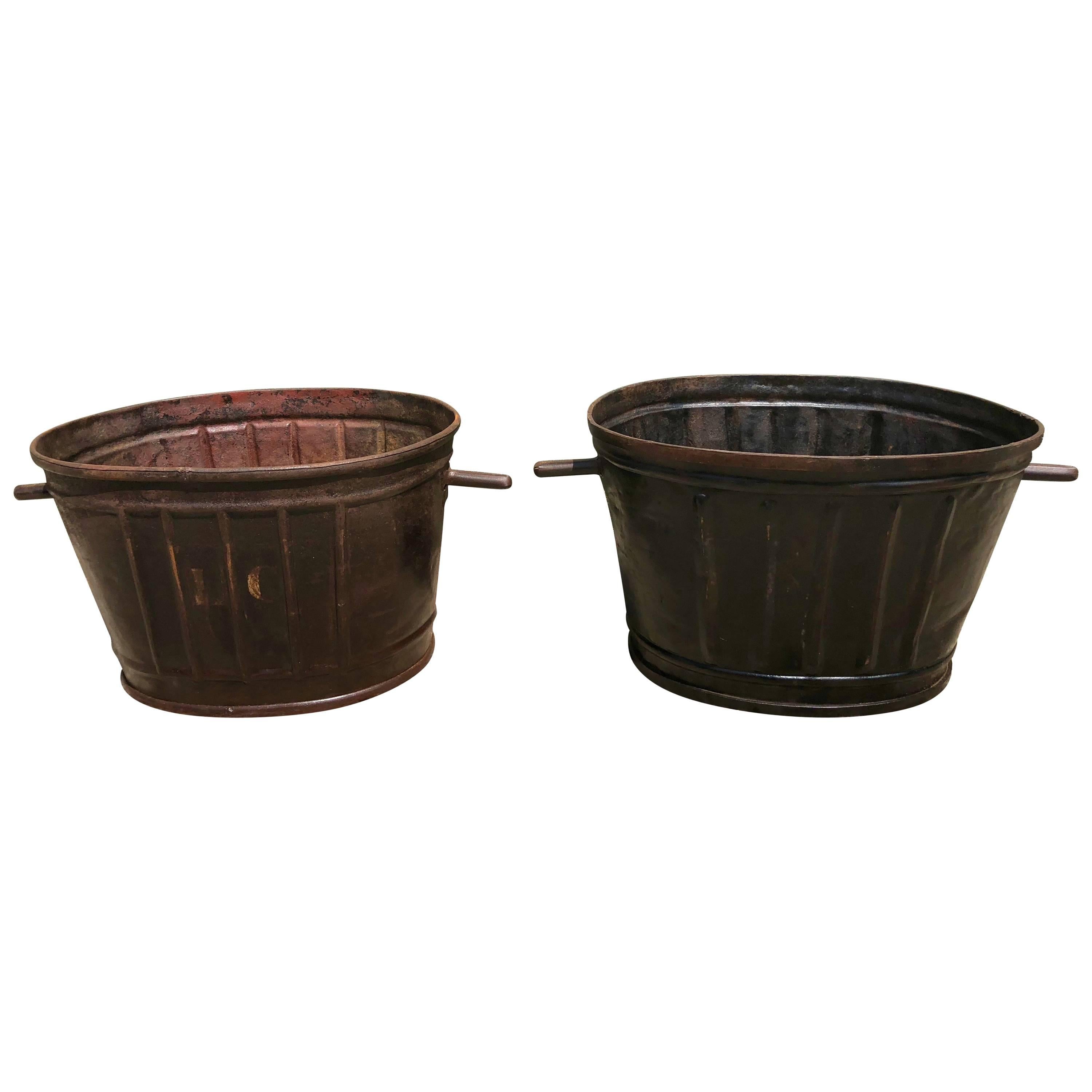 Pair of Ribbed French Steel Grape Bucket Planters For Sale