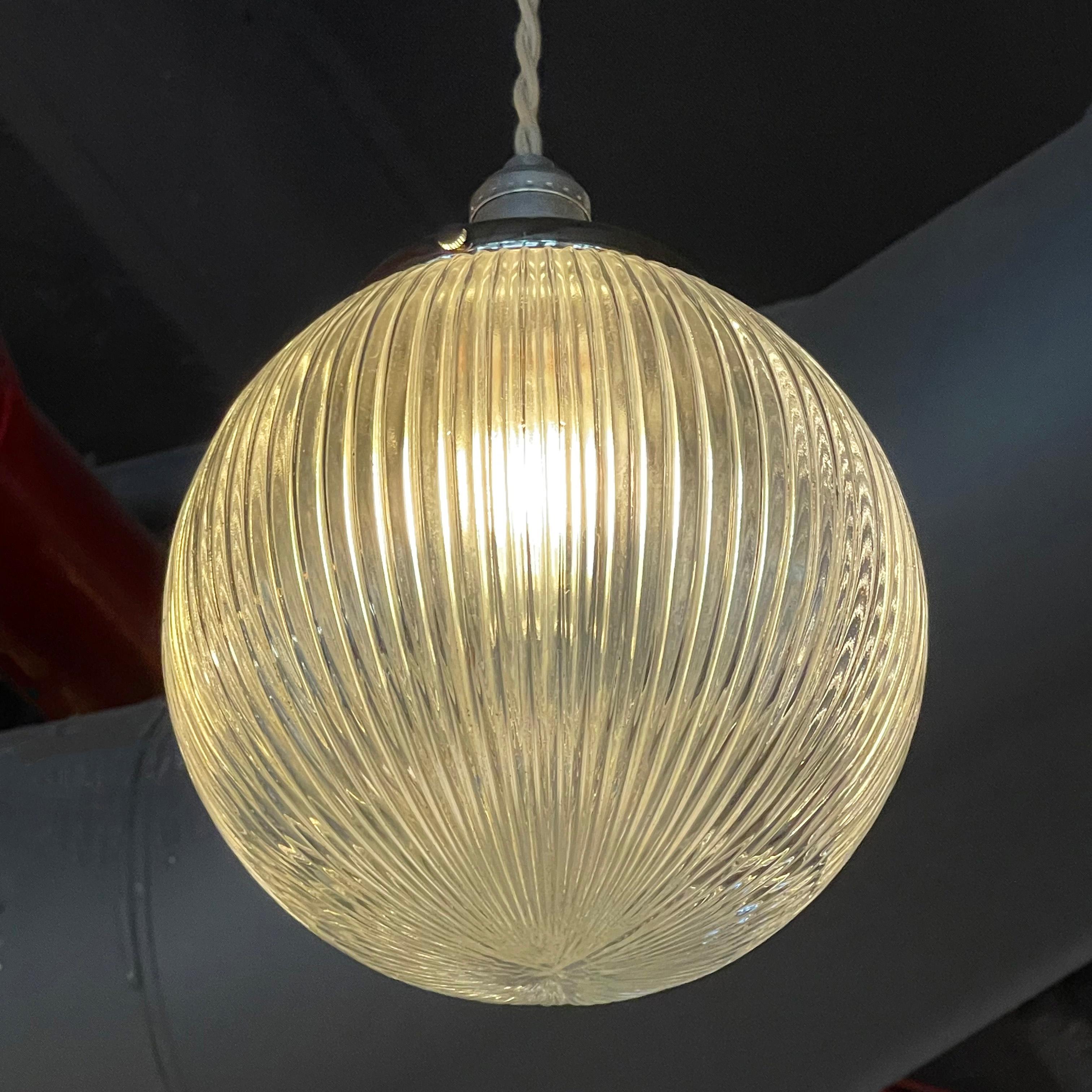 20th Century Pair of Ribbed Glass Globe Pendant Lights