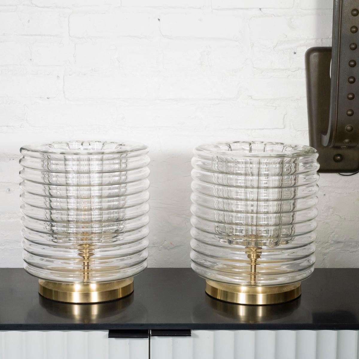 Pair of ribbed glass table lamps with brass hardware in the manner of Toni Zuccheri for VeArt.