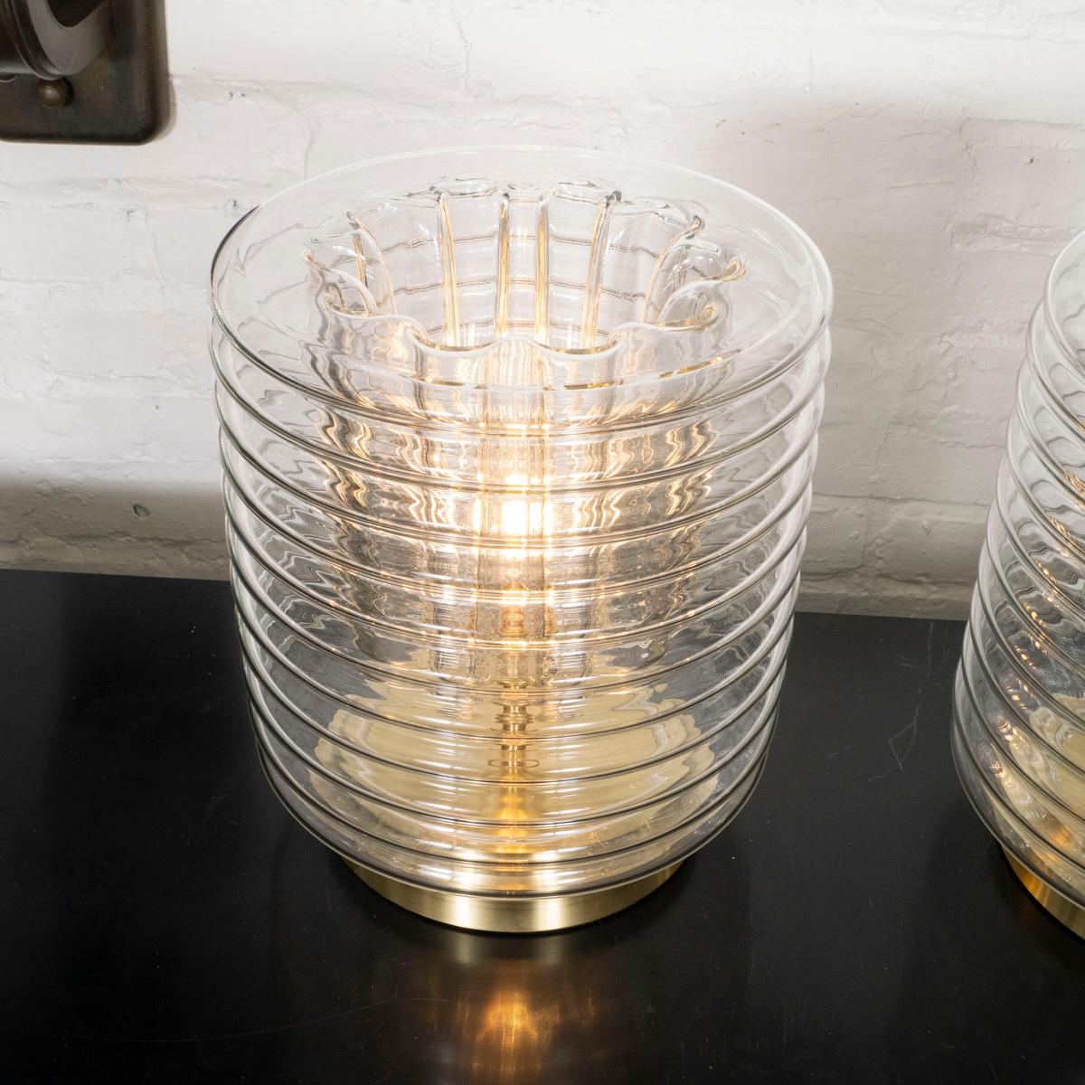 Late 20th Century Pair of ribbed glass table lamps in the manner of Zuccheri For Sale