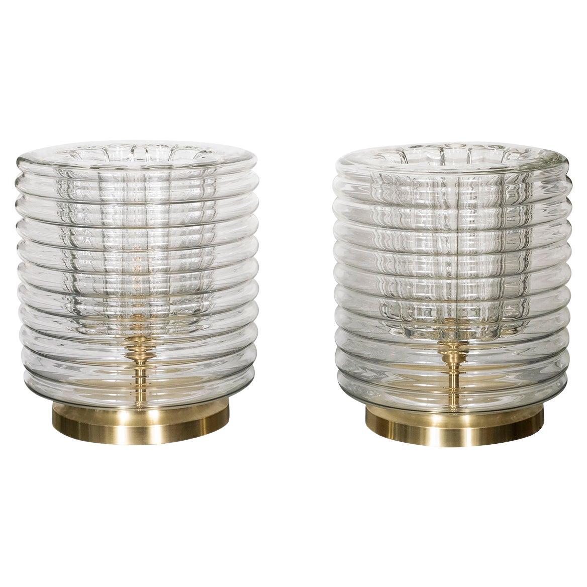 Pair of ribbed glass table lamps in the manner of Zuccheri