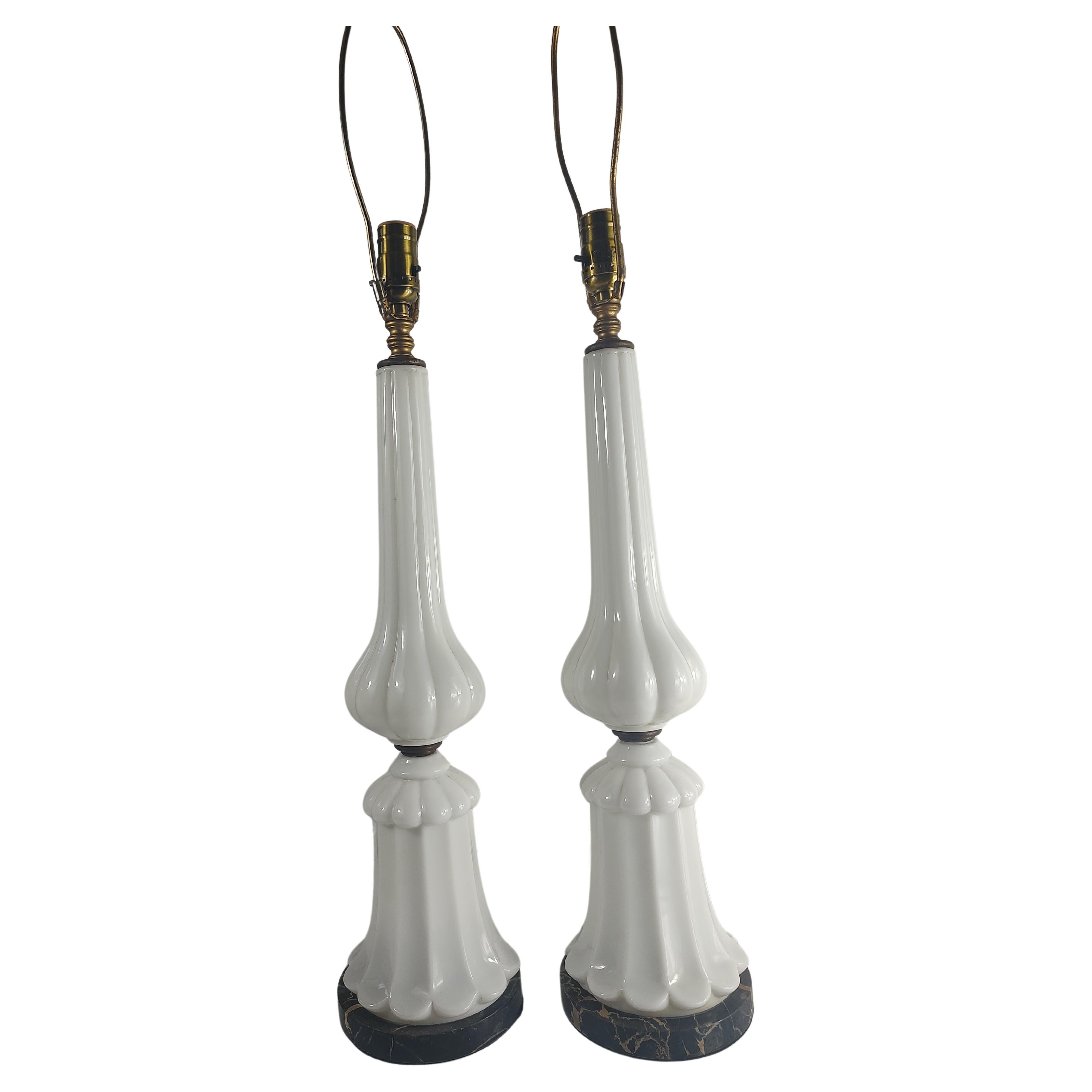 American Pair of Ribbed Milk Glass Table Lamps with Portico Black Marble Plinths C1945 For Sale