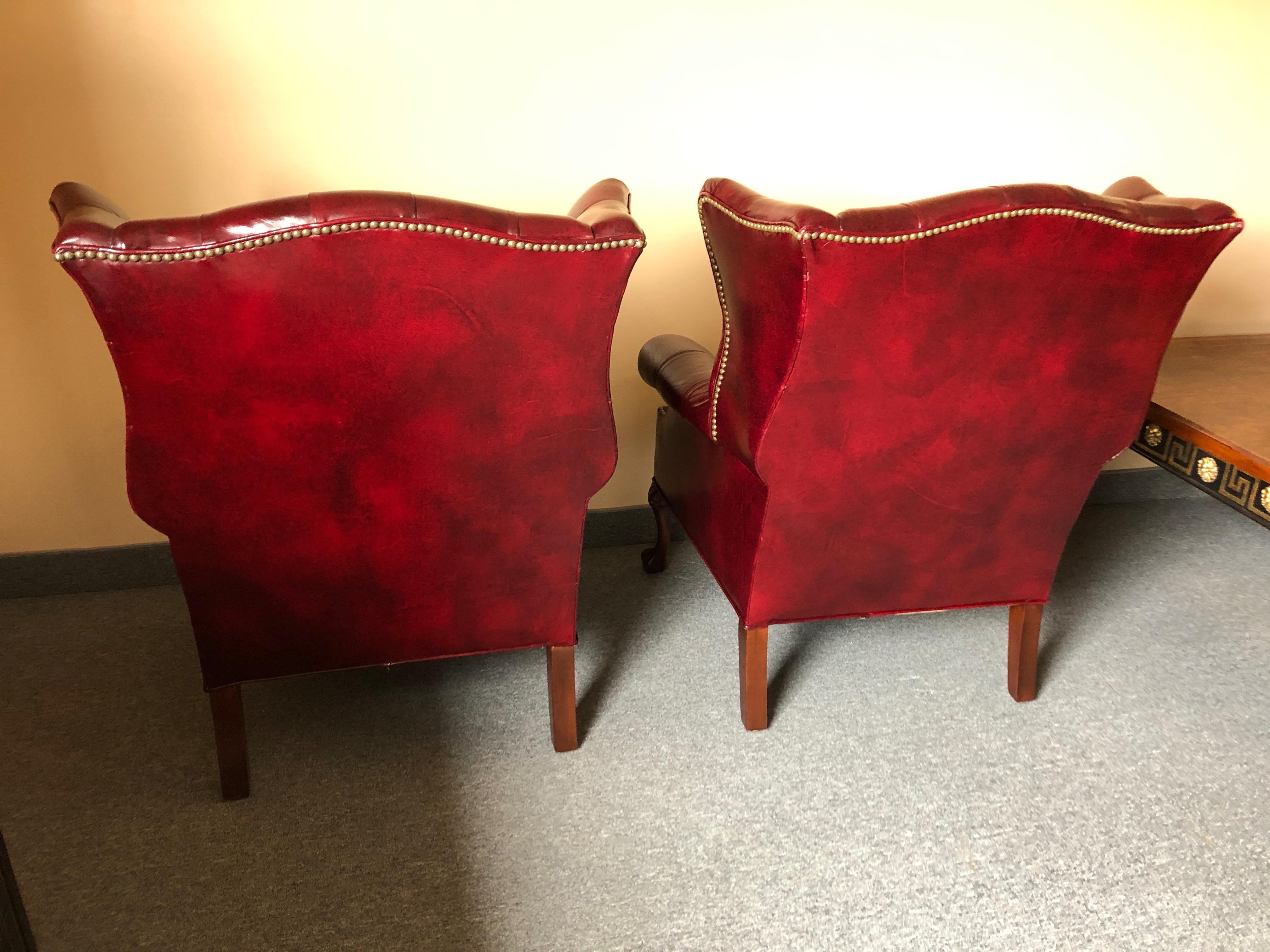 Pair of Rich Burgundy Leather Vintage Tufted Chesterfield Wing Chairs 5
