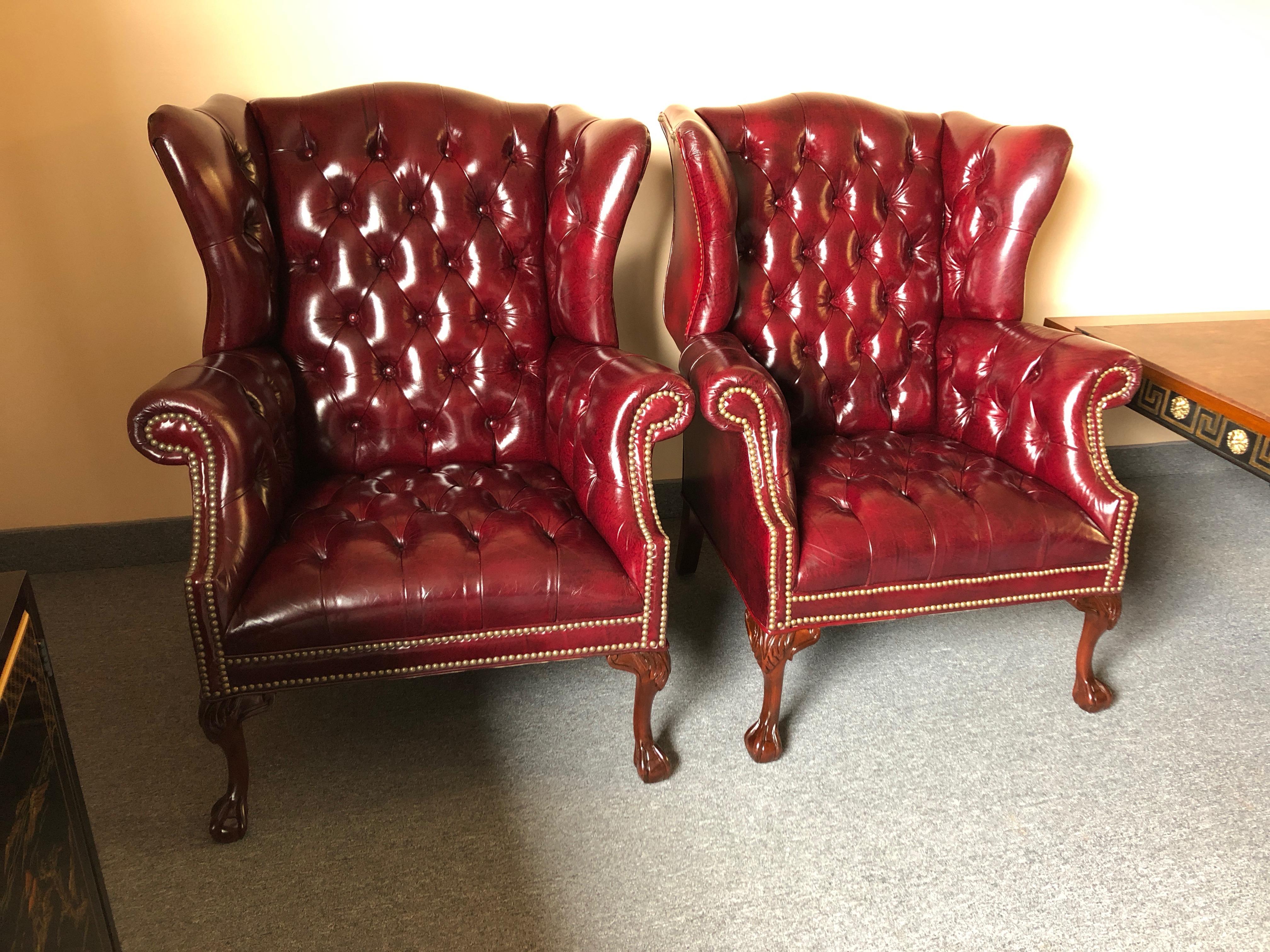 Pair of Rich Burgundy Leather Vintage Tufted Chesterfield Wing Chairs 8