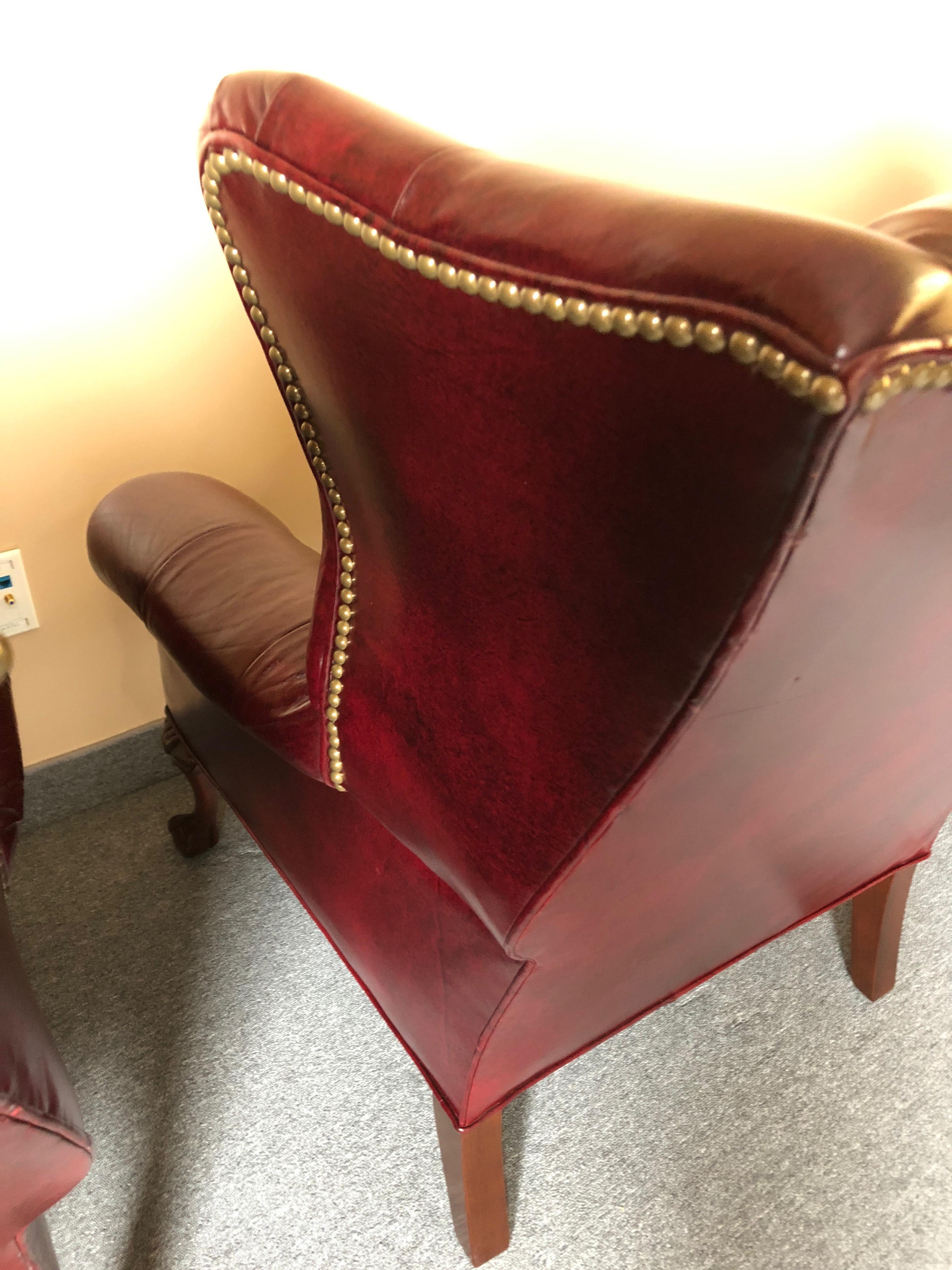 Pair of Rich Burgundy Leather Vintage Tufted Chesterfield Wing Chairs 11