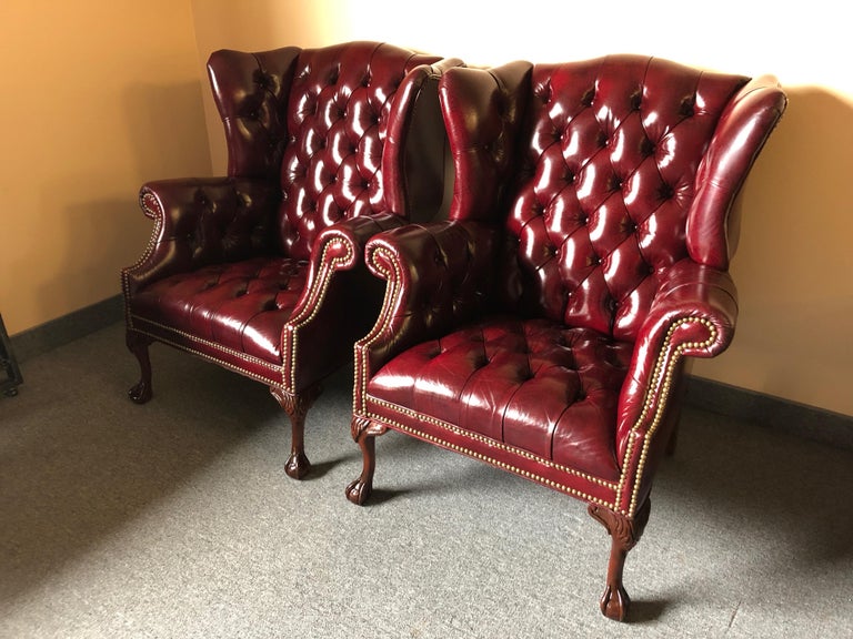 Pair of Rich Burgundy Leather Vintage Tufted Chesterfield Wing Chairs