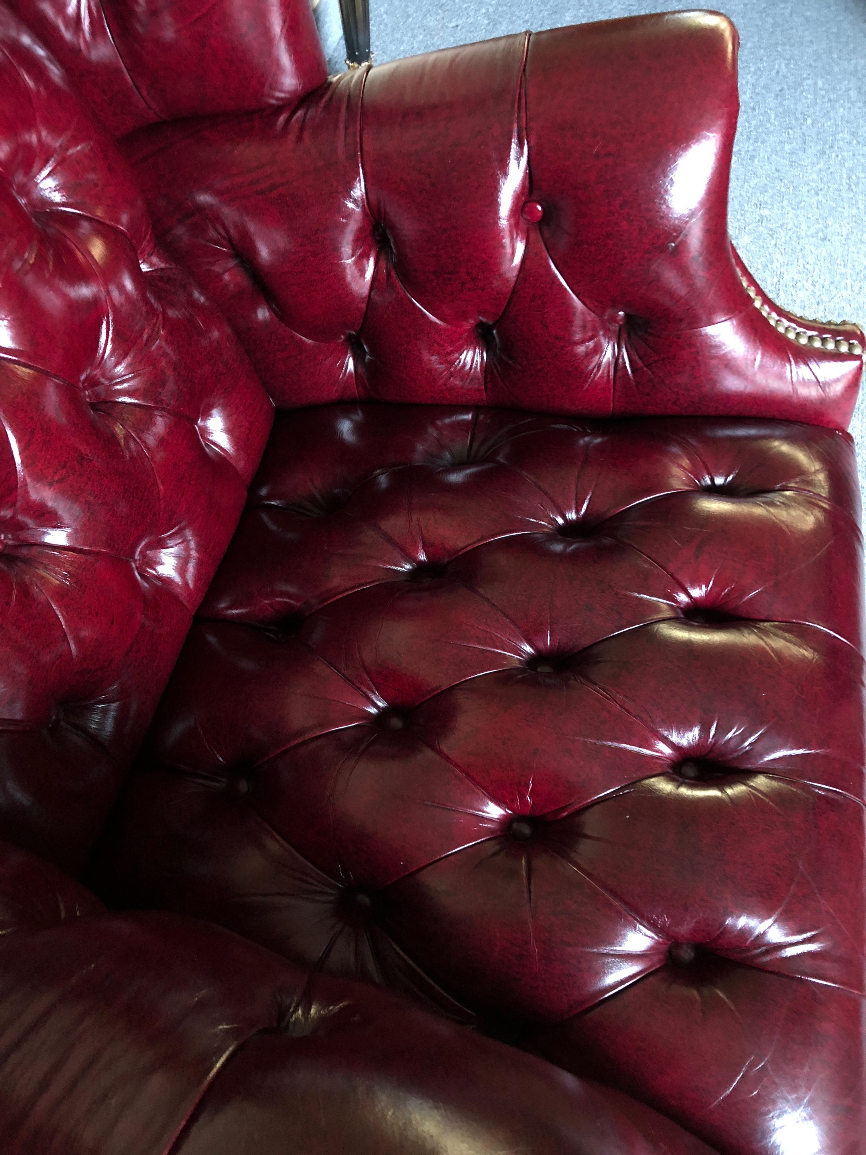 American Pair of Rich Burgundy Leather Vintage Tufted Chesterfield Wing Chairs