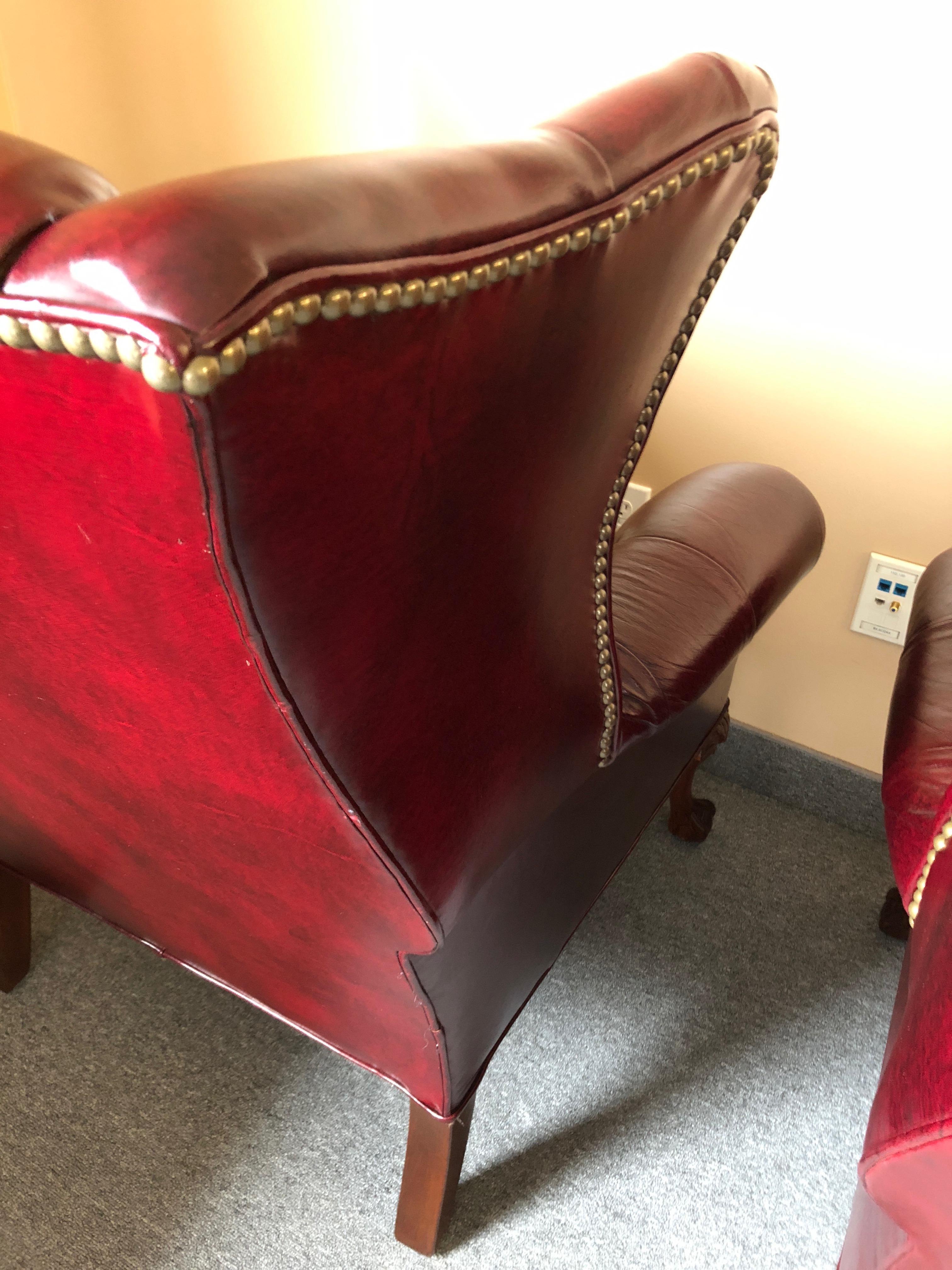 Pair of Rich Burgundy Leather Vintage Tufted Chesterfield Wing Chairs In Excellent Condition In Hopewell, NJ