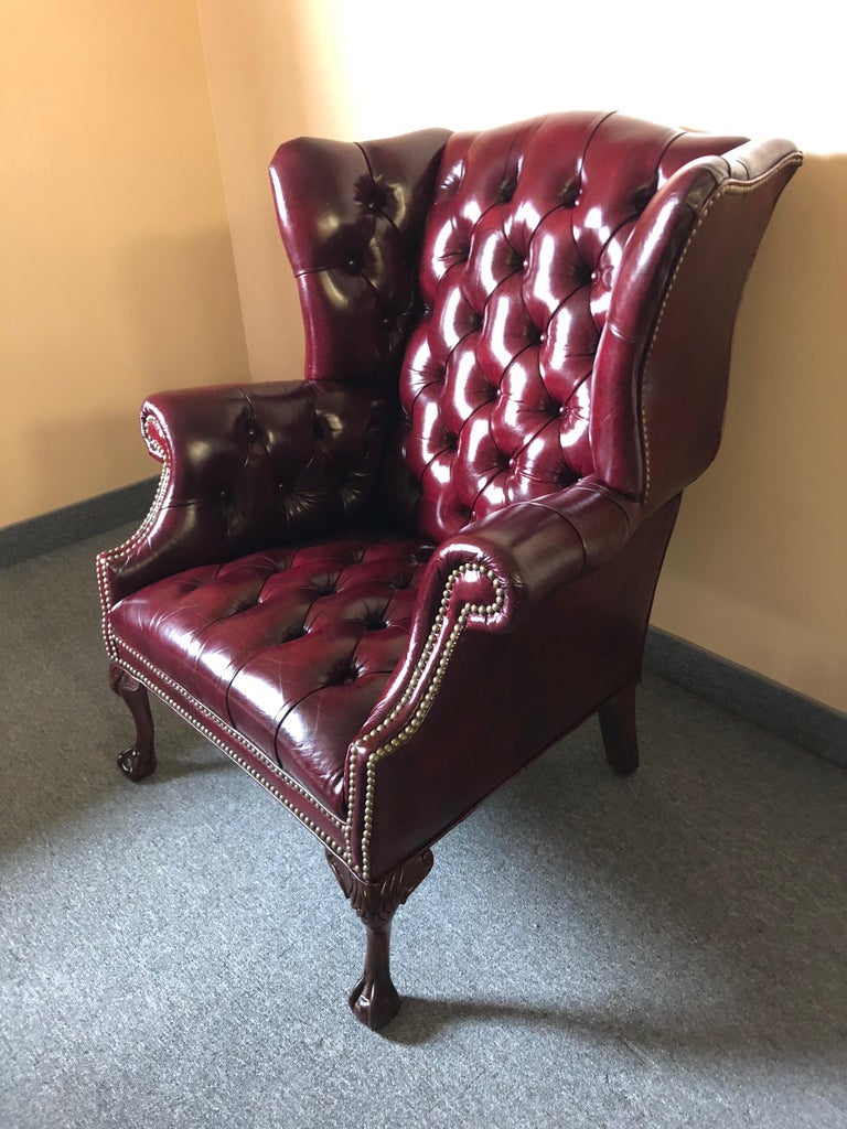 Pair of Rich Burgundy Leather Vintage Tufted Chesterfield Wing Chairs