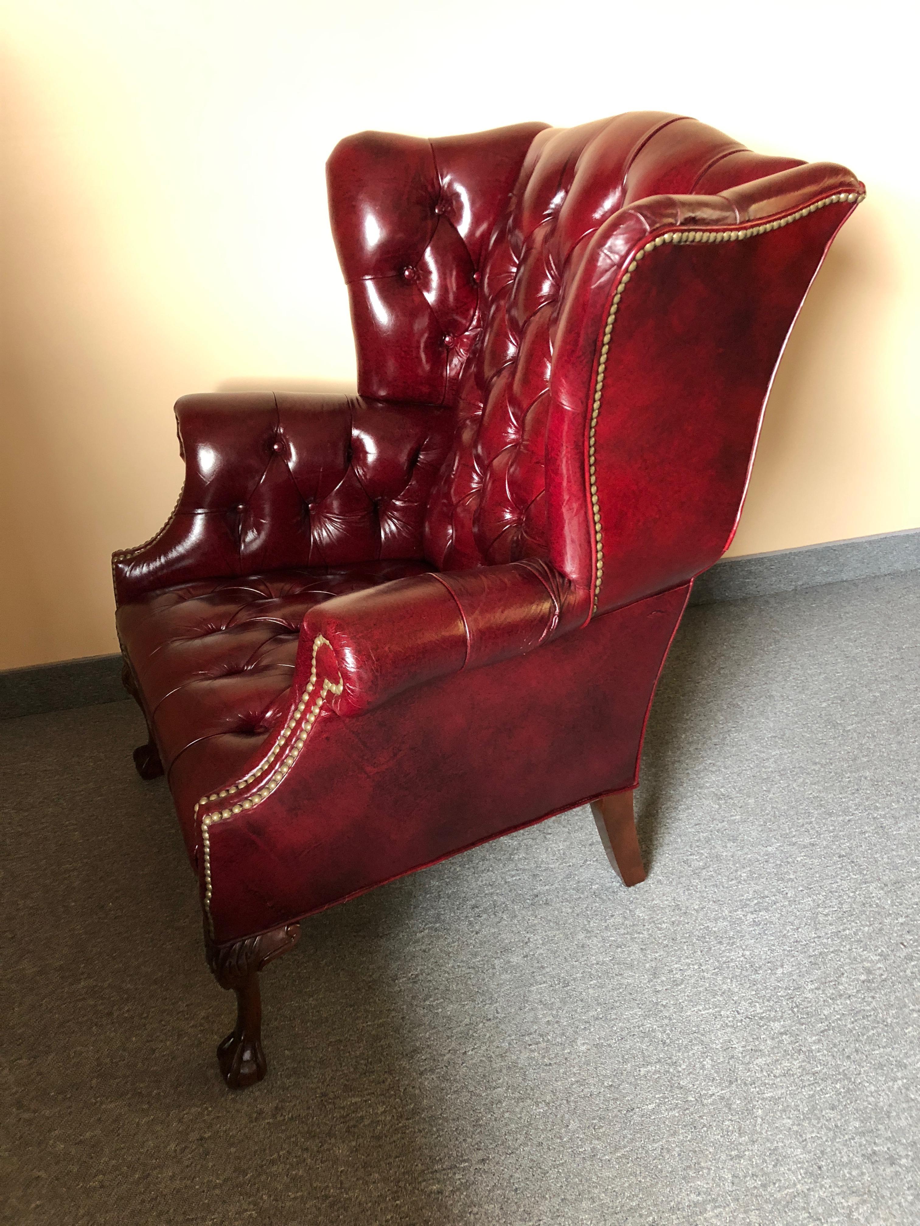 Pair of Rich Burgundy Leather Vintage Tufted Chesterfield Wing Chairs 3